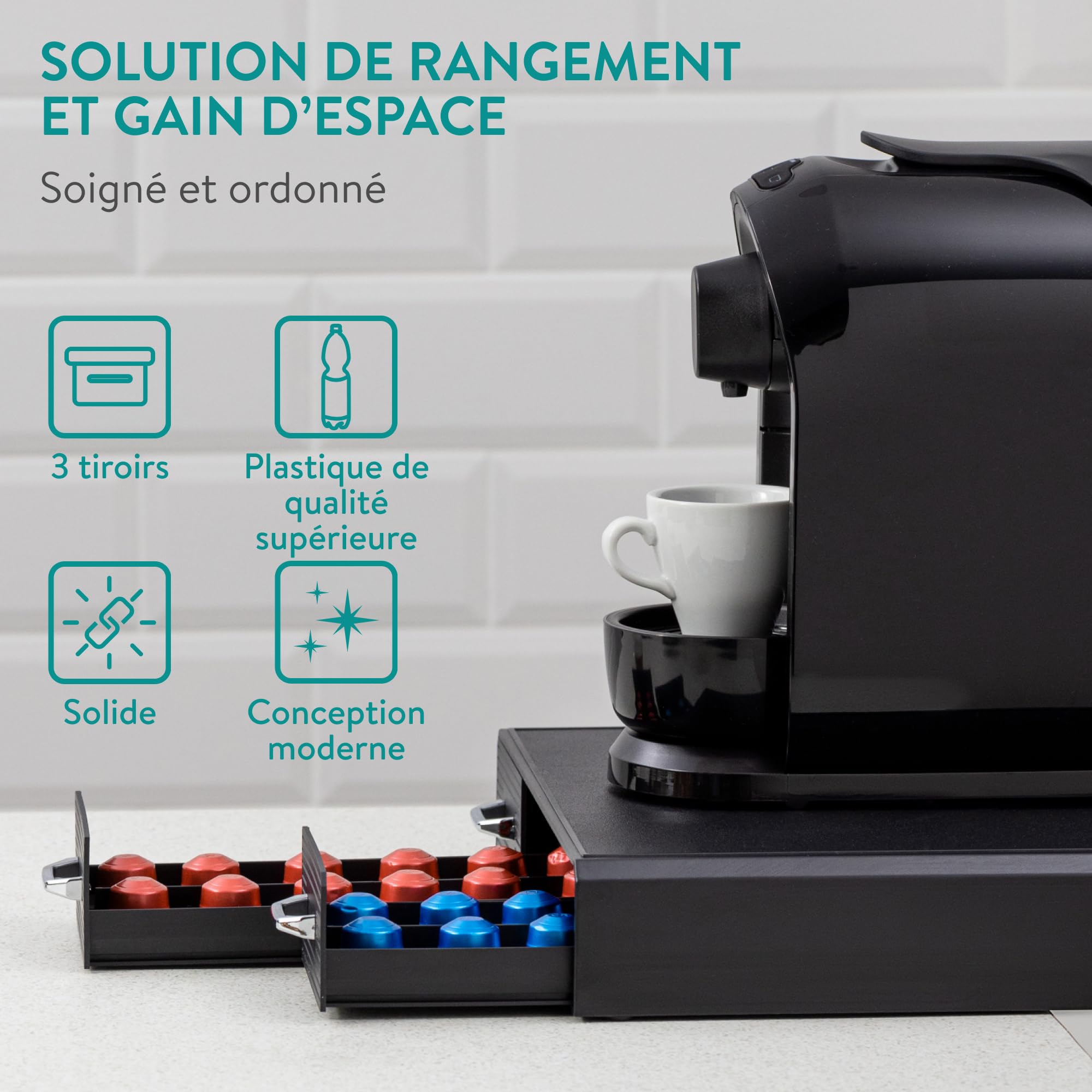 Navaris Tiroir à Capsule de Café - Rangement Support pour Dosette Machine à Café Nespresso CBTL K-Cups - 3 Tiroirs - 48 Capsules