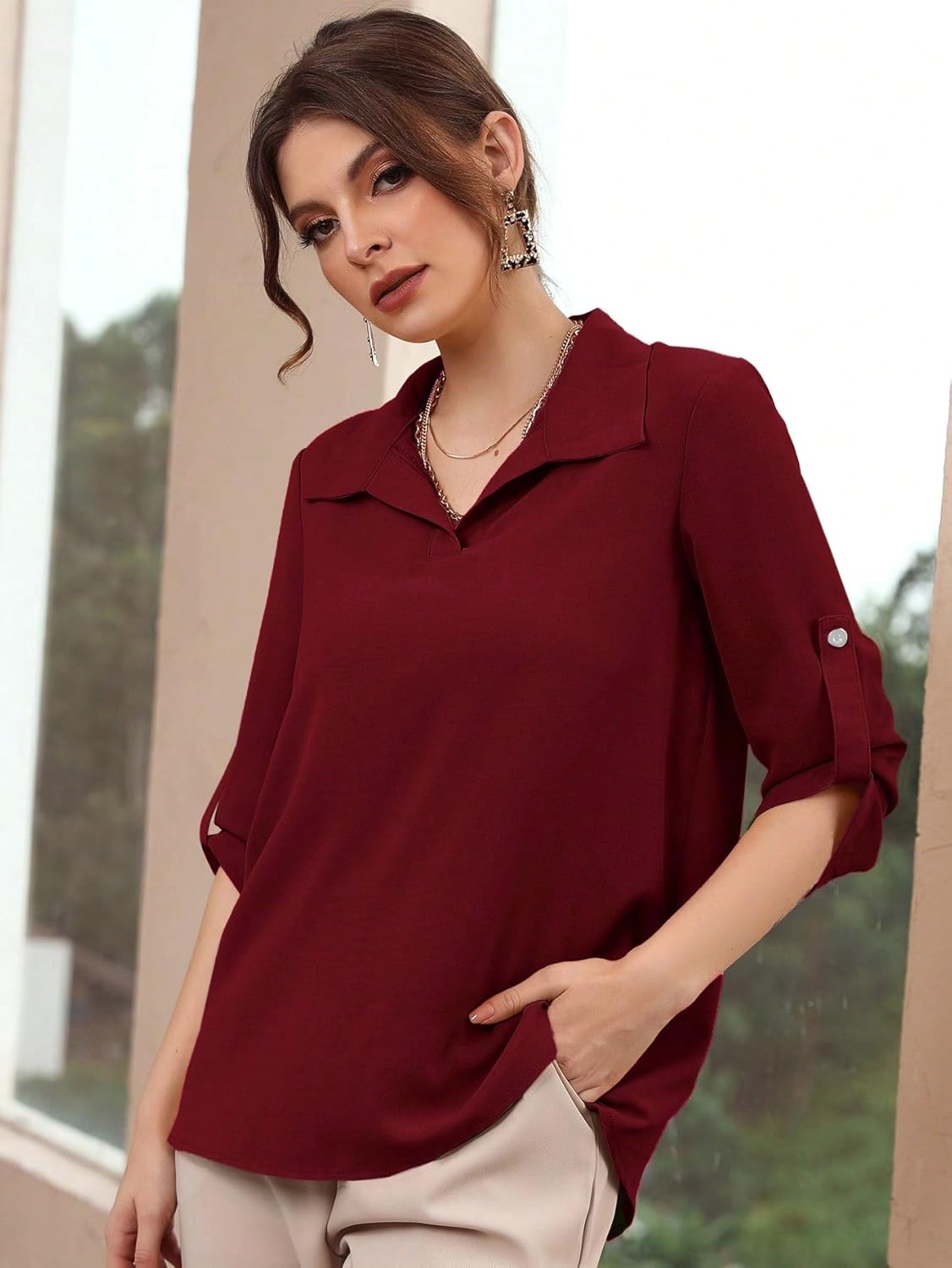 Women's Classic-Fit Shirt Roll Up Sleeve Blouse,Long Sleeve Tops