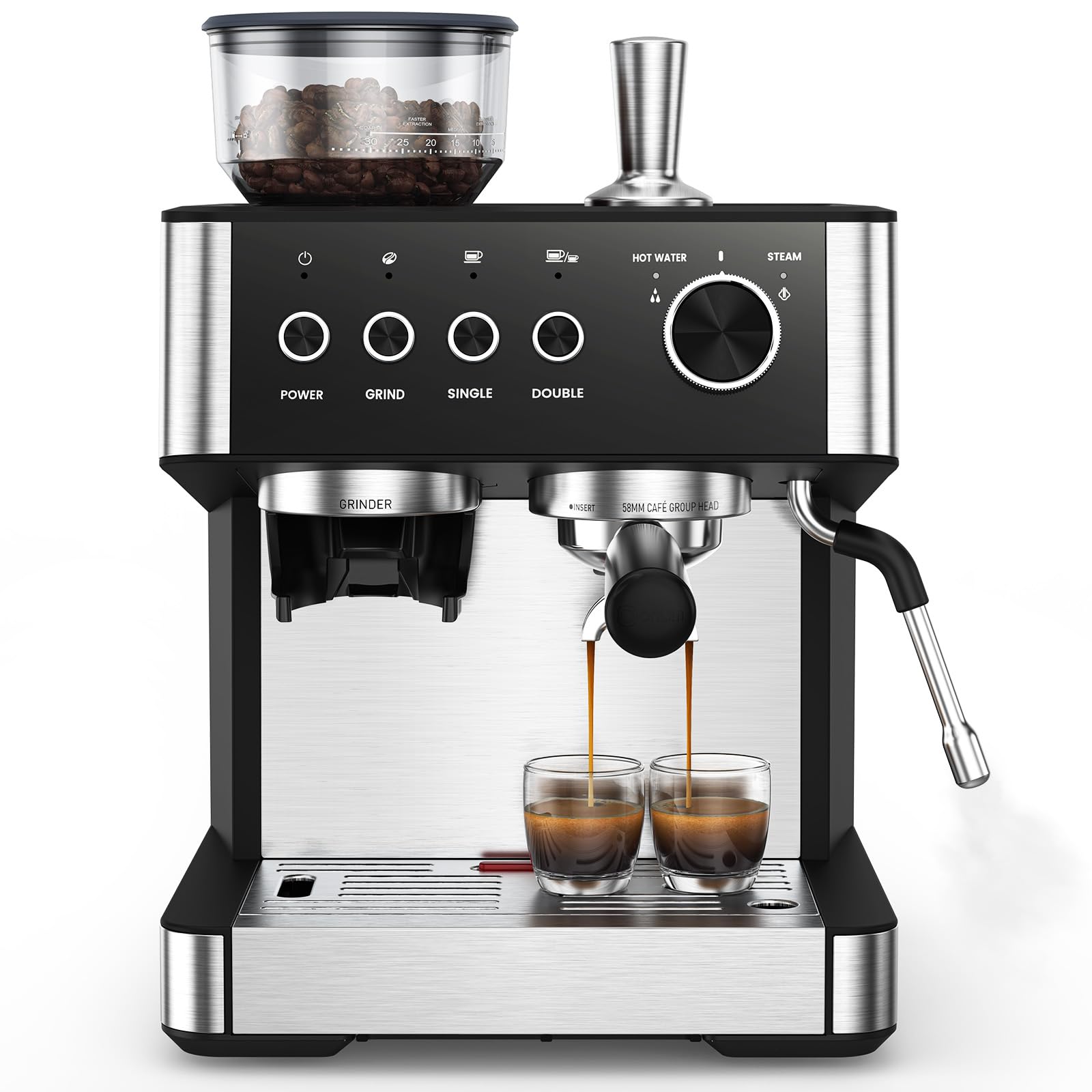 (2025 Upgrade)20 Bar Espresso Machine with Built-in Anti-Clog Coffee Grinder, Expresso Coffee Machines with Milk Steam Wand/Frother/Tamping Tools,Espresso Maker with Grinder for Lattes-Charcoal