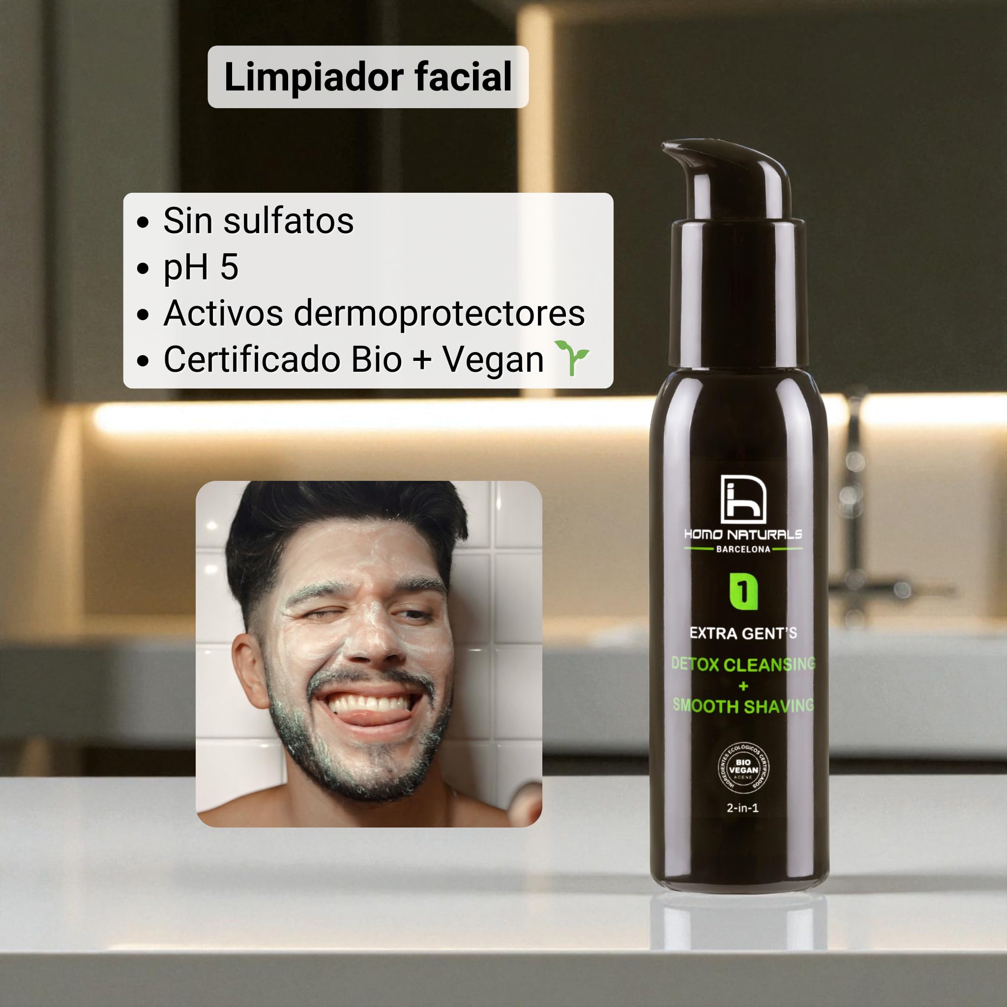 Homo Naturals Detergente Viso + Crema Antirughe - Set Regalo per Uomo - Kit Cura Viso - Cosmetici Maschile - Regali Uomo - Trattamento 100% Naturale e Bio