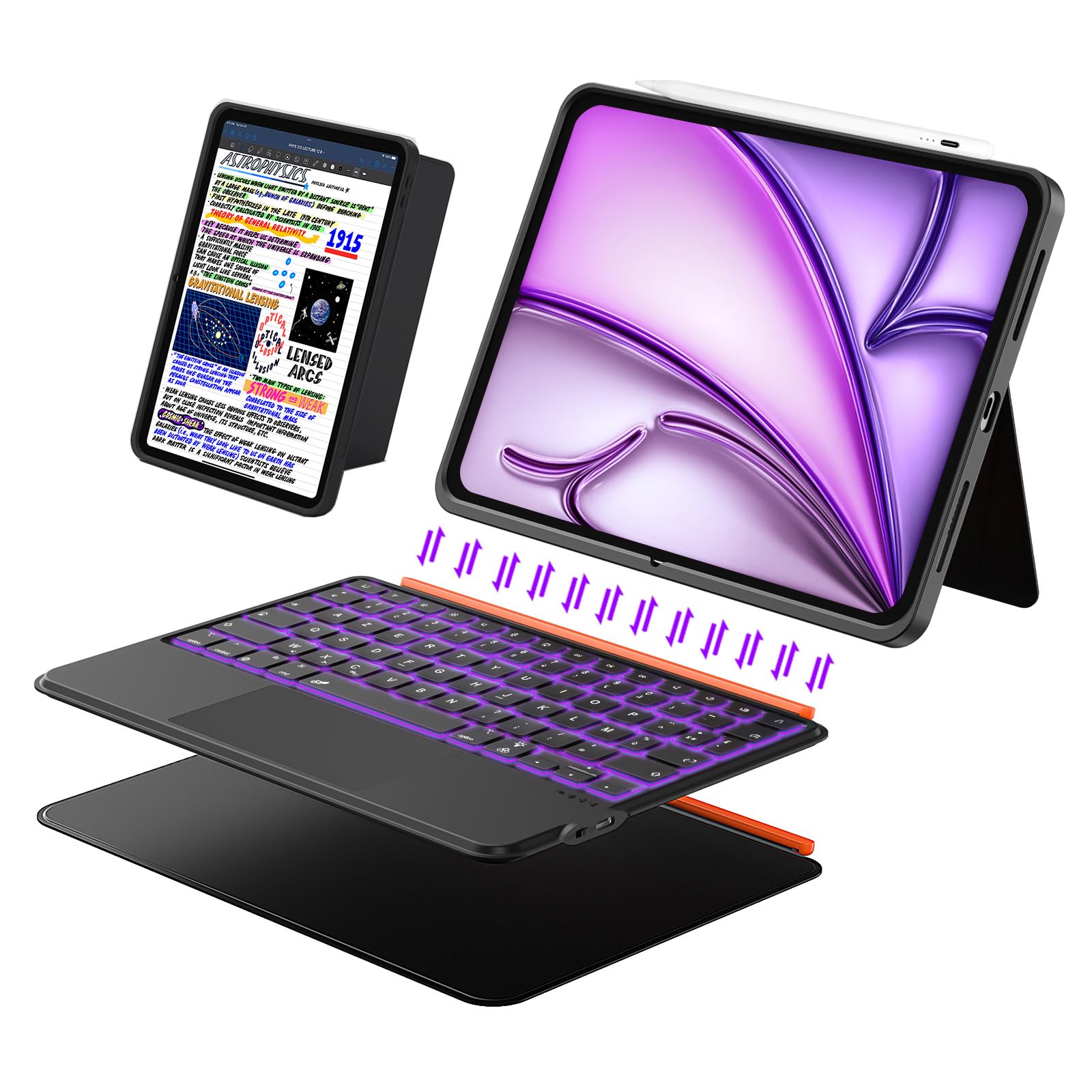 Housse Clavier pour iPad Air 13 Pouces (M4/M3/M2, 2026/2025/2024), Pro 12,9" 6e/5e/4e/3e Gén, Clavier Bluetooth Magnétique Détachable, Trackpad, Rétroéclairées, Support Ajustable (Noir)