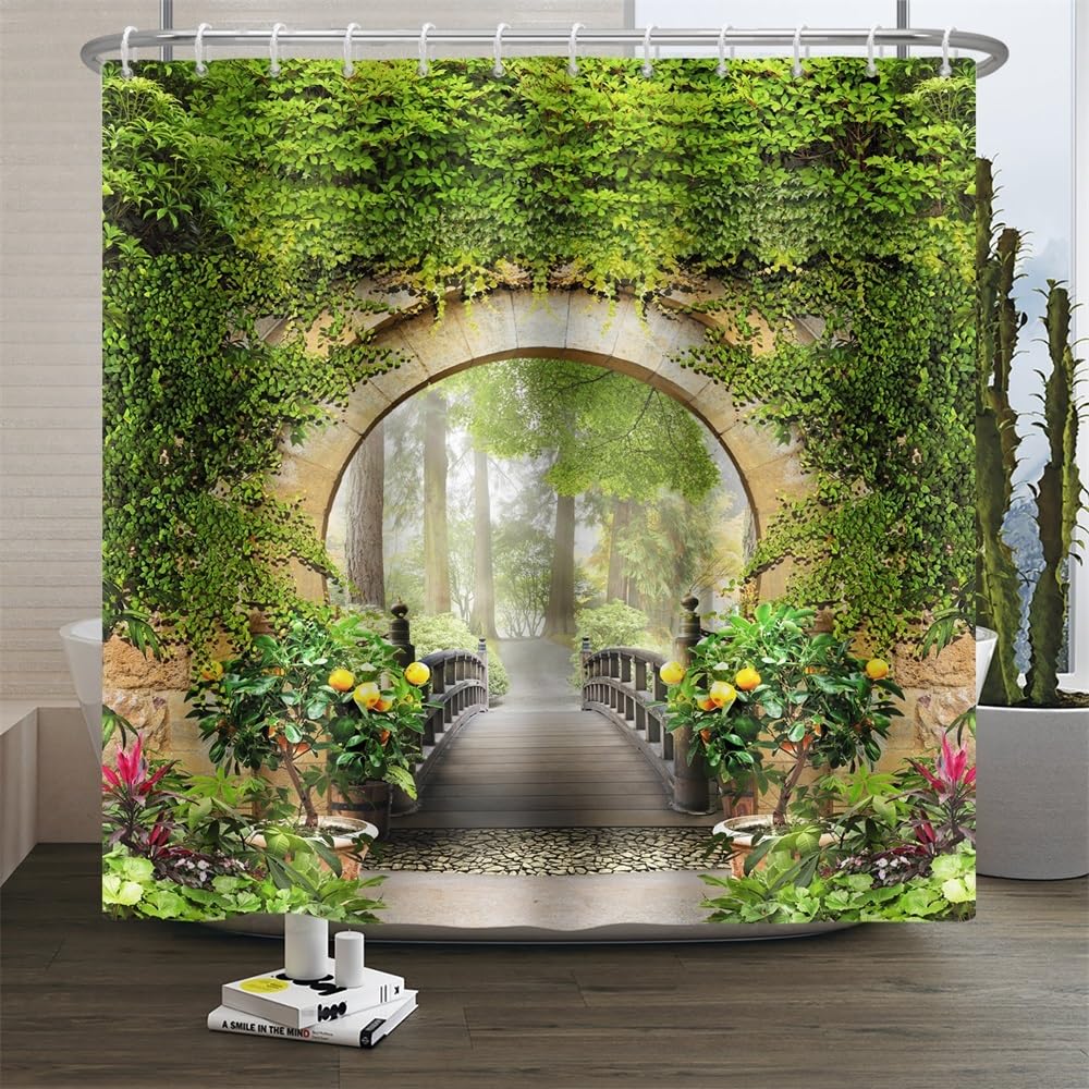Rideau de douche 180x240cm imprimé forêt verte pour une salle de bain zen