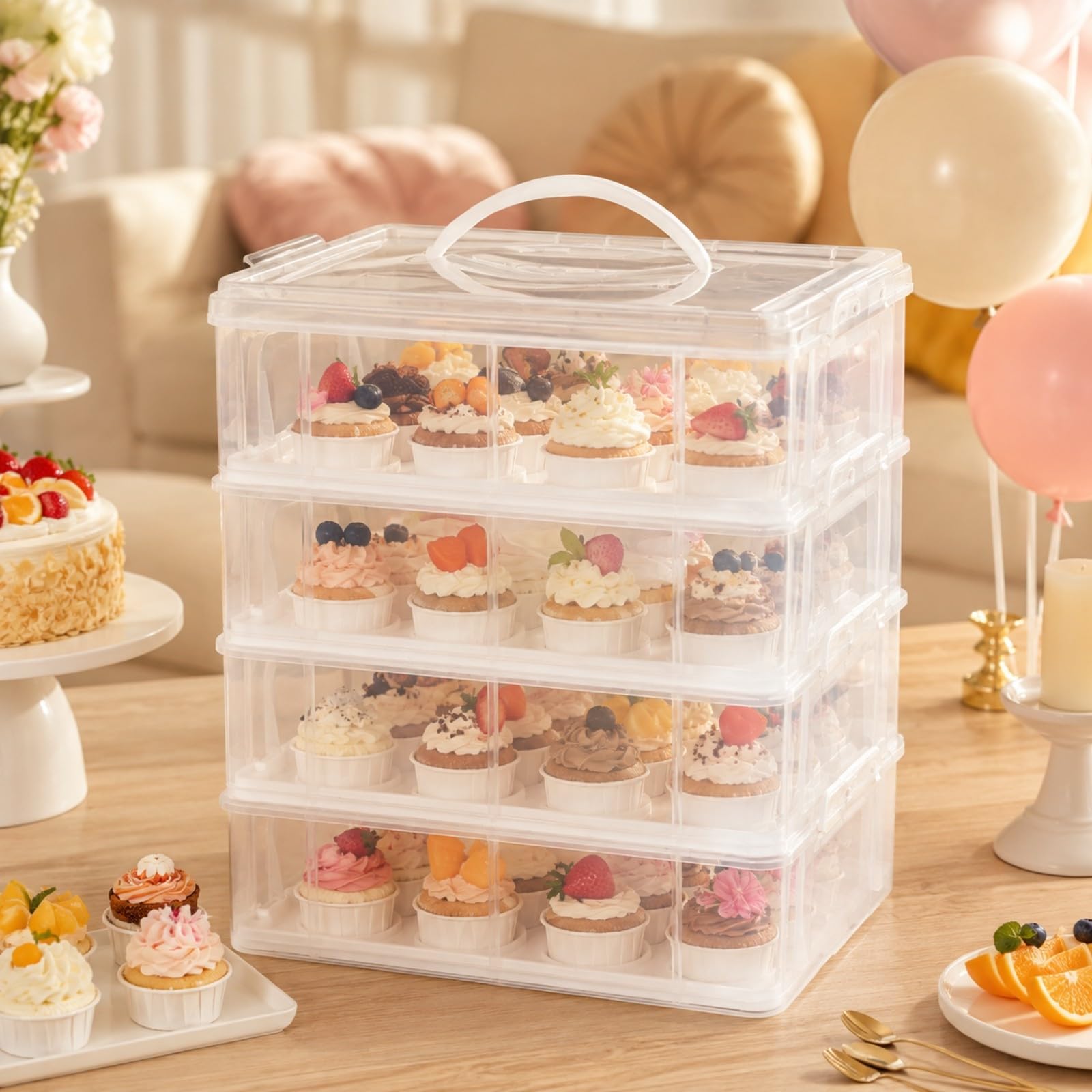 Caja Plástico Transparente para con Asa Portátil Organizador Repostería con Cierres Laterales Apilable Estuche Embalaje Postre, 3 Niveles