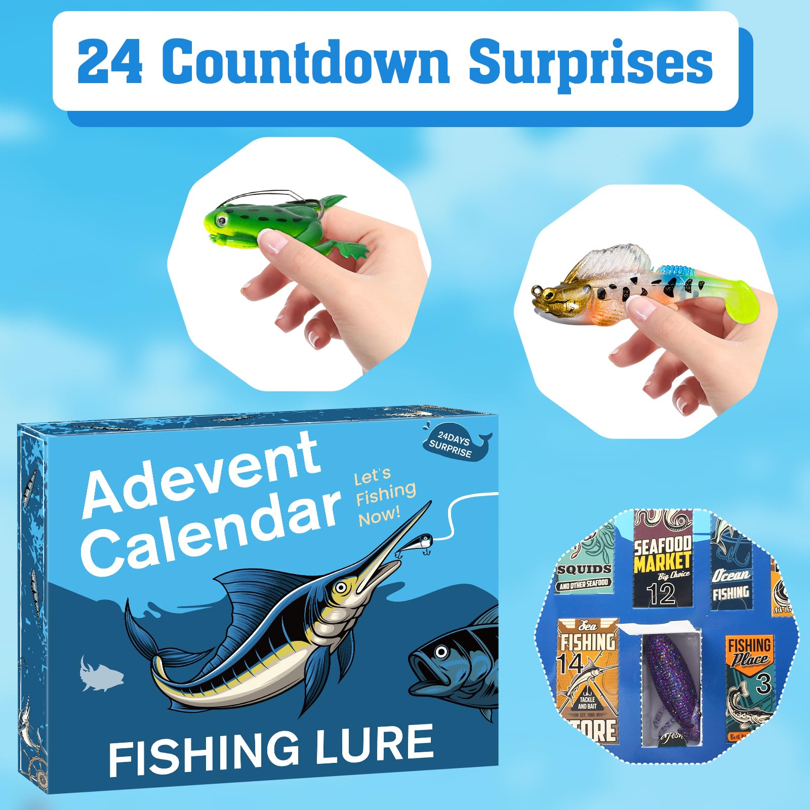 Advent Calendar Fishing Christmas Countdown - 12 Days Fishing Lures Set for Fisher Adult Men - 2025 Xmas Surprise Gift for Father, Grandpa