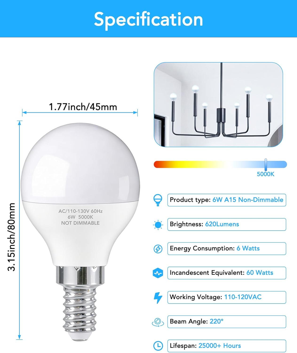 PARTPHONER E12 LED Bulbs 60W Equivalent, E12 Small Base Candelabra Ceiling Fan Bulbs 6W 620LM, A15 Globe Bulb 85+ CRI Non-dimmable 5000K Daylight White, 6 Pack