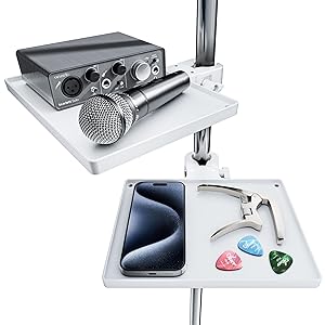 Microphone Stand Plastic Tray, Mic Stand Clamp-On Rack Tray Holder for Most Mic Stands, for Stage, Live Streaming, Concert Performance, Karaoke (9" x 6.6") (White, 2pcs)