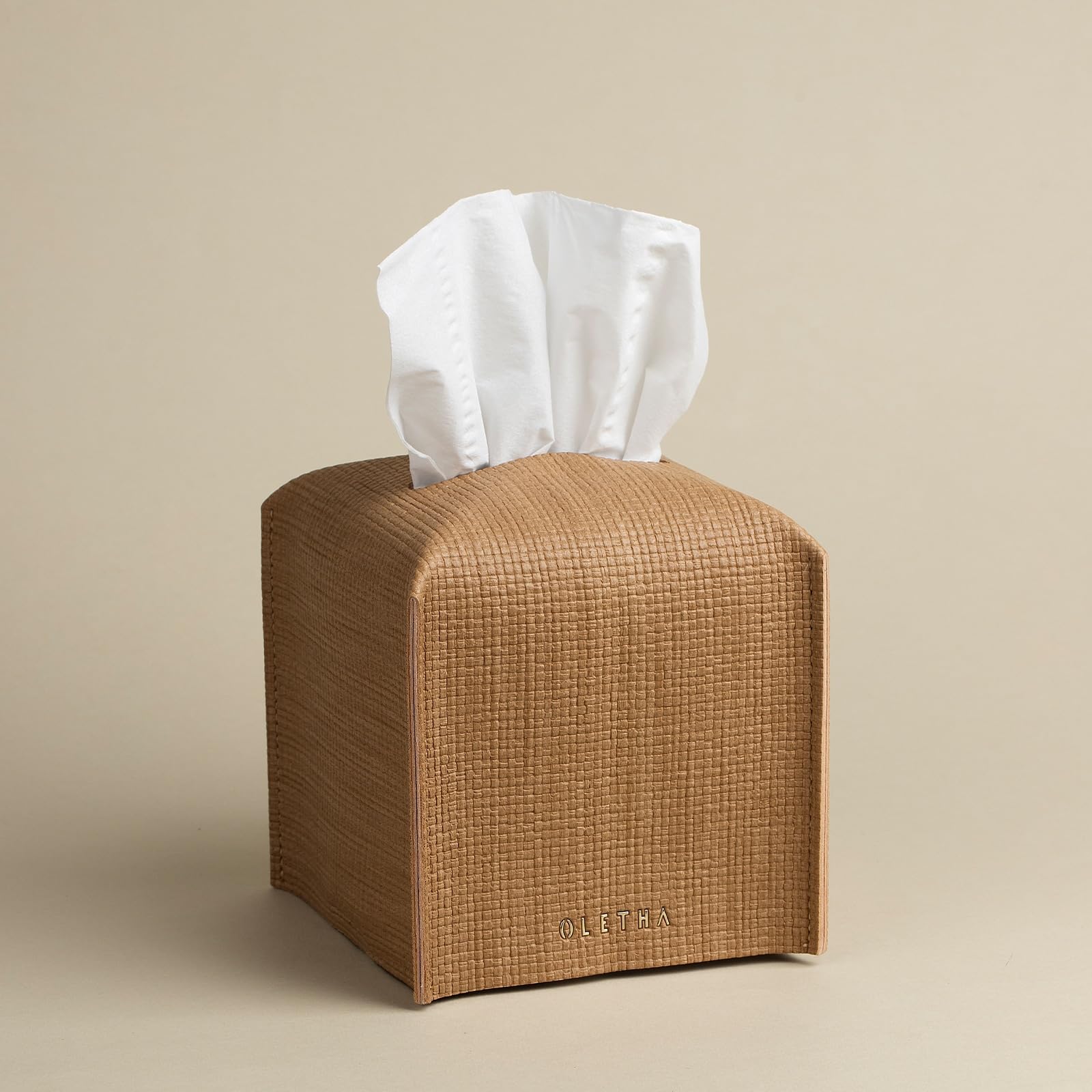 OLETHA Square Tissue Box Cover, Desk Decor, Raffia Embossing, Wheat | Aesthetic faux leather tissue box holder for room, home, office; fits Kleenex & Puffs cube boxes; velcro base; wipes clean