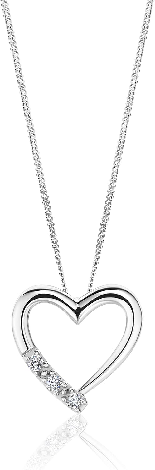 OROVI Women's White Gold Diamond Necklace with Heart Pendant 14 Carat 585 Gold and Diamonds 0.08 Carat 45 cm Long