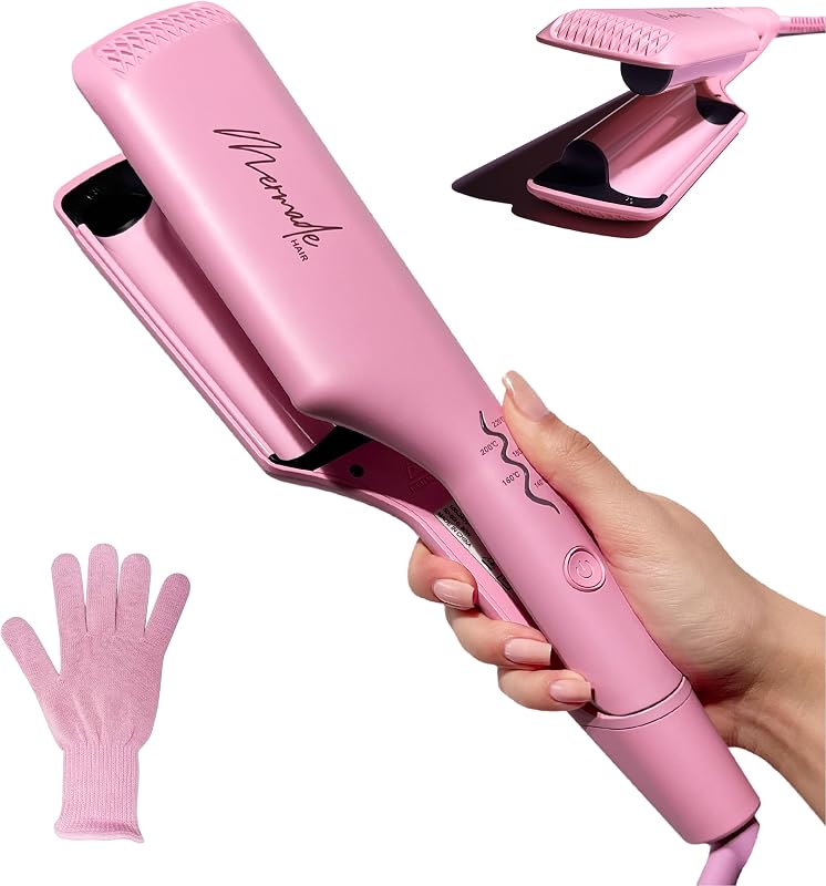 Mermade Deep Hair Waver Tool – Plancha de doble barril de 1.0 in para ondas de playa sin engarces, rizador para mujeres, placas de cerámica iónicas, reduce el encrespamiento, adecuado para cabello corto, mediano y largo – rosa con guante