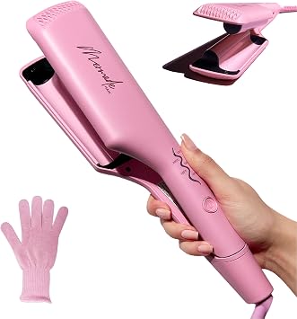 Mermade Deep Hair Waver Tool - Double 1" Barrel Iron for Crimp-Free Beach Waves, Curler for Women, Ionic Ceramic Plates, Reduces Frizz, Suitable for Short, Medium, Long Hair - Pink with Glove