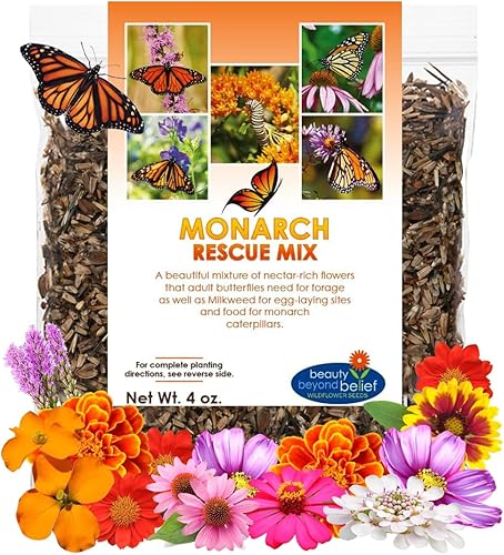 Monarch Butterfly Rescue - Semillas de flores silvestres de 4 onzas, paquete de semillas de flores silvestres de polinización abierta a granel, sin