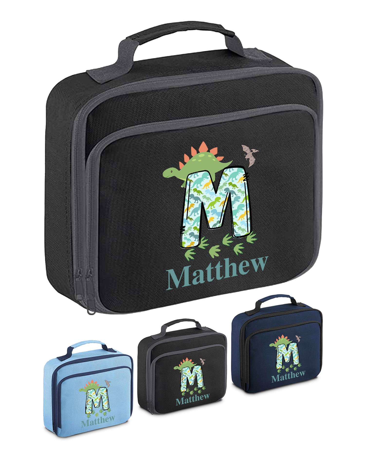 Personalised Lunch Bag Childrens Toddler Personalised Lunch Boxes for Kids Boys Pack Lunch Bag Insulated School Name Dinosaur Lunchbag (Black)