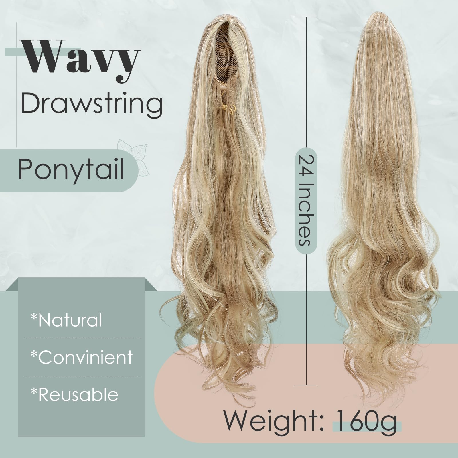 TESS Wavy Ponytail Extension, Drawstring Clip in Ponytail Hair Extensions, Long Hair Extensions, 24 Inches 160g - Image 2