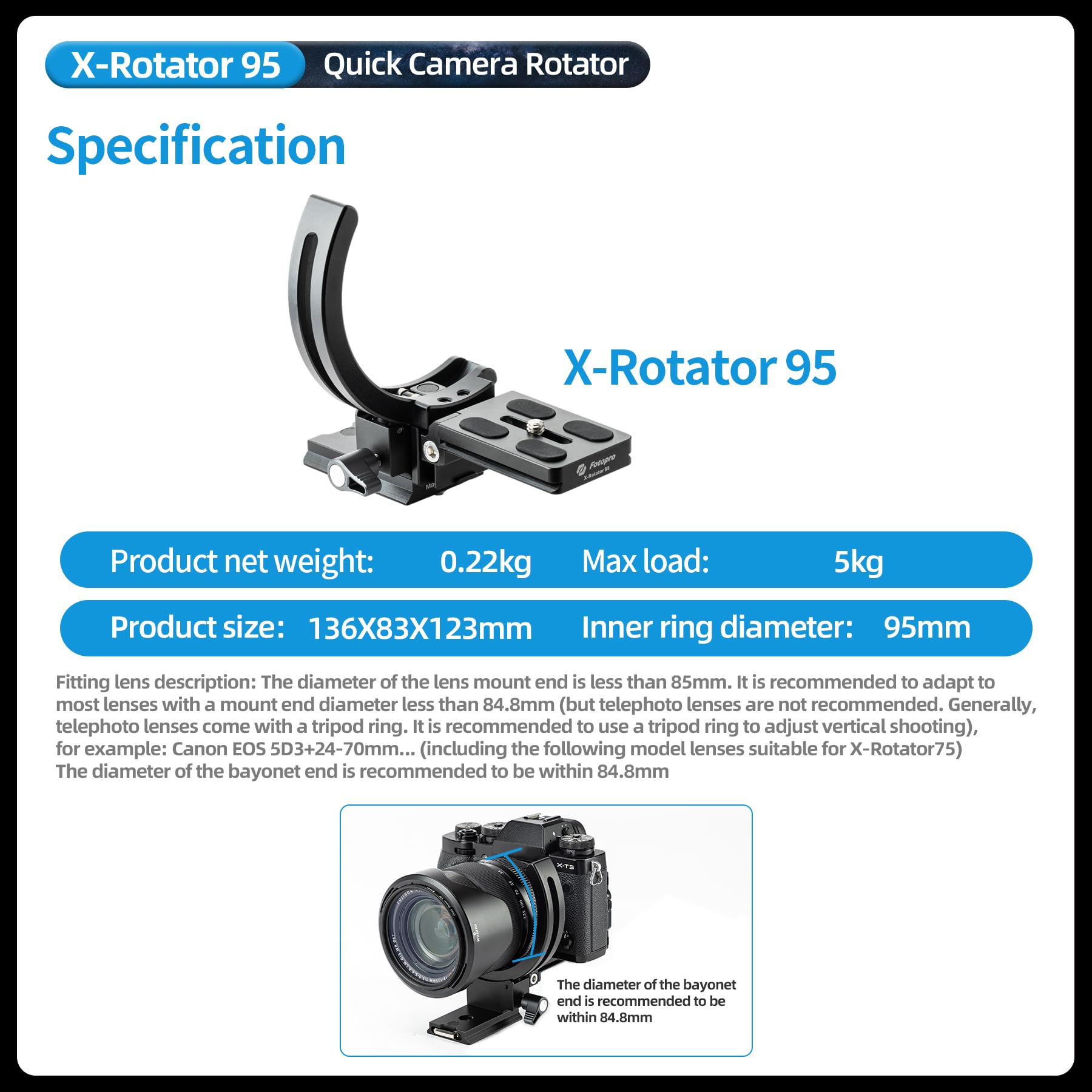 Fotopro Supporto verticale per fotocamera, anello per obiettivo ad treppiede, piastra girevole 1/4, adatta a Sony, Nikon, Canon, Fuji, Arca-Type