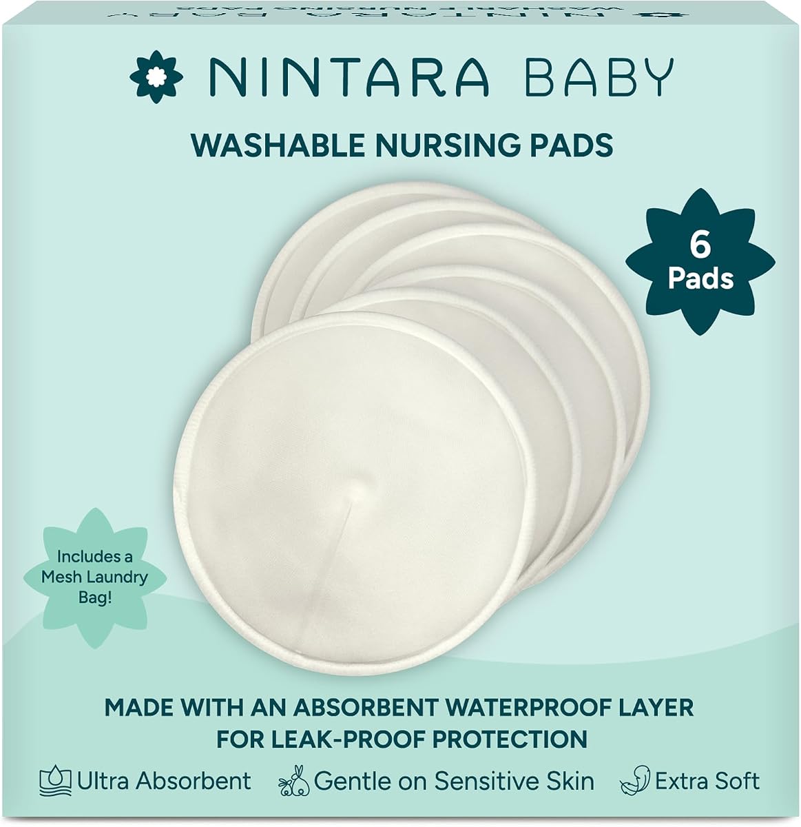 Nintara Baby Reusable Nursing Pads – Pack of 6 with Laundry Bag | Soft & Absorbent Breast Pads, Bamboo Viscose Blend, Contoured Fit, Leak-Resistant