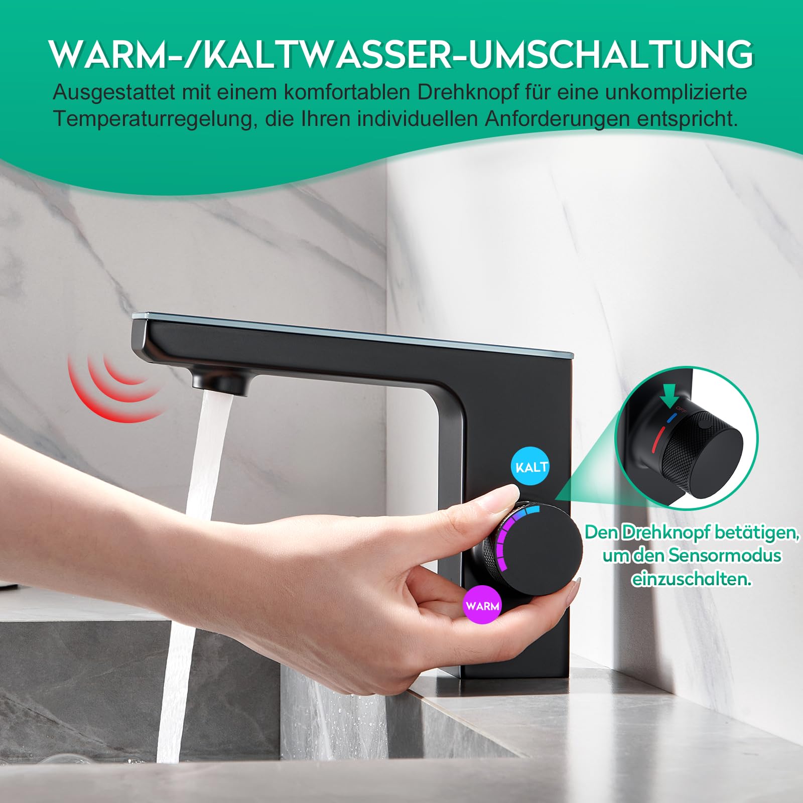 CREA Infrarot Sensor Wasserhahn Bad, mit Temperaturanzeige, Schwarz | Digitalanzeige Bildschirm Warmes Kaltwasser Mischbatterie, Automatisch Sensor Armatur für Waschbecken,304 Edelstahl