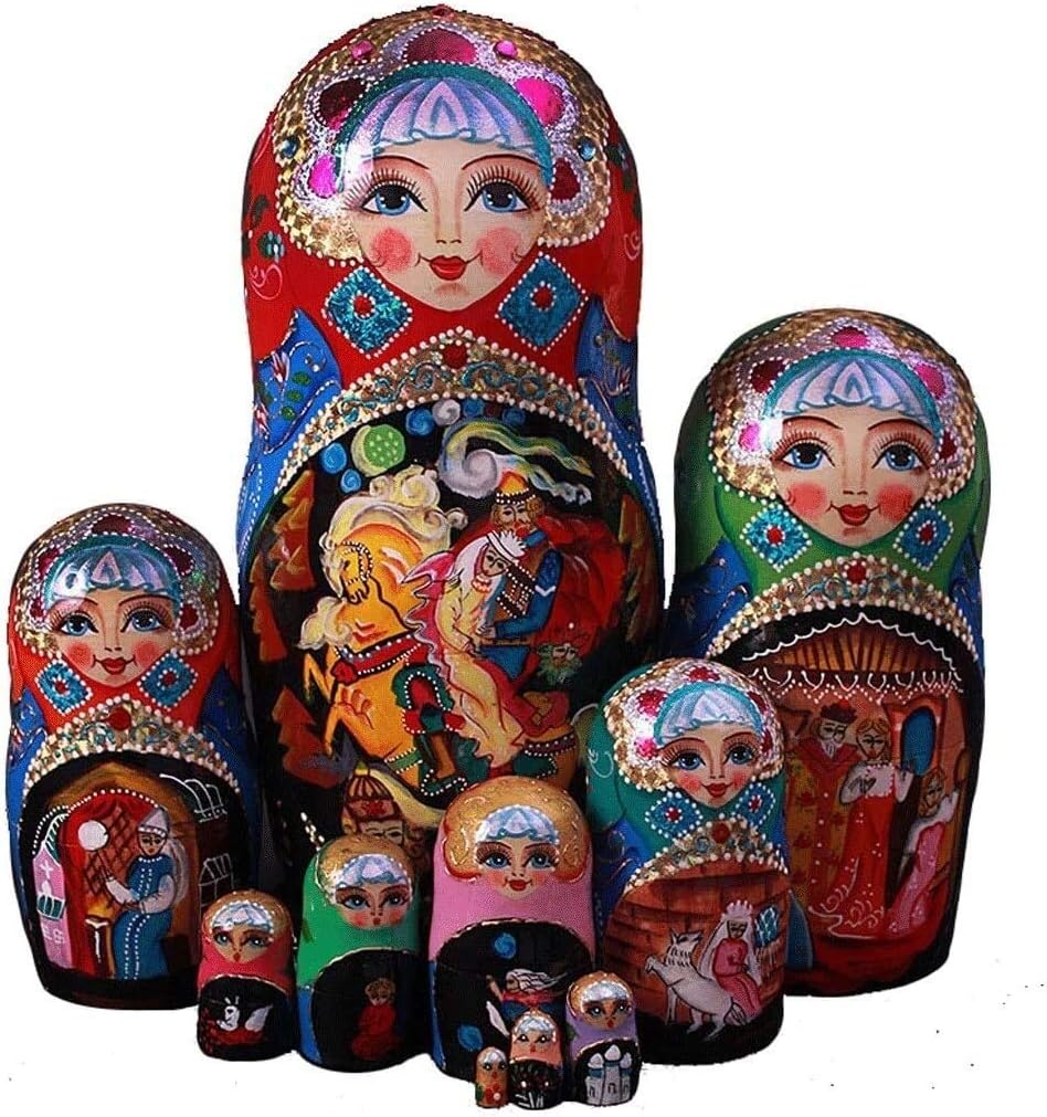 豊富な品 ロシア人形ロシアのネスティング人形セット10個のmatryoshka木製スタッキングネストした手作りのおもちゃ子供たち子供の装飾matryoshka Color Multi Colored