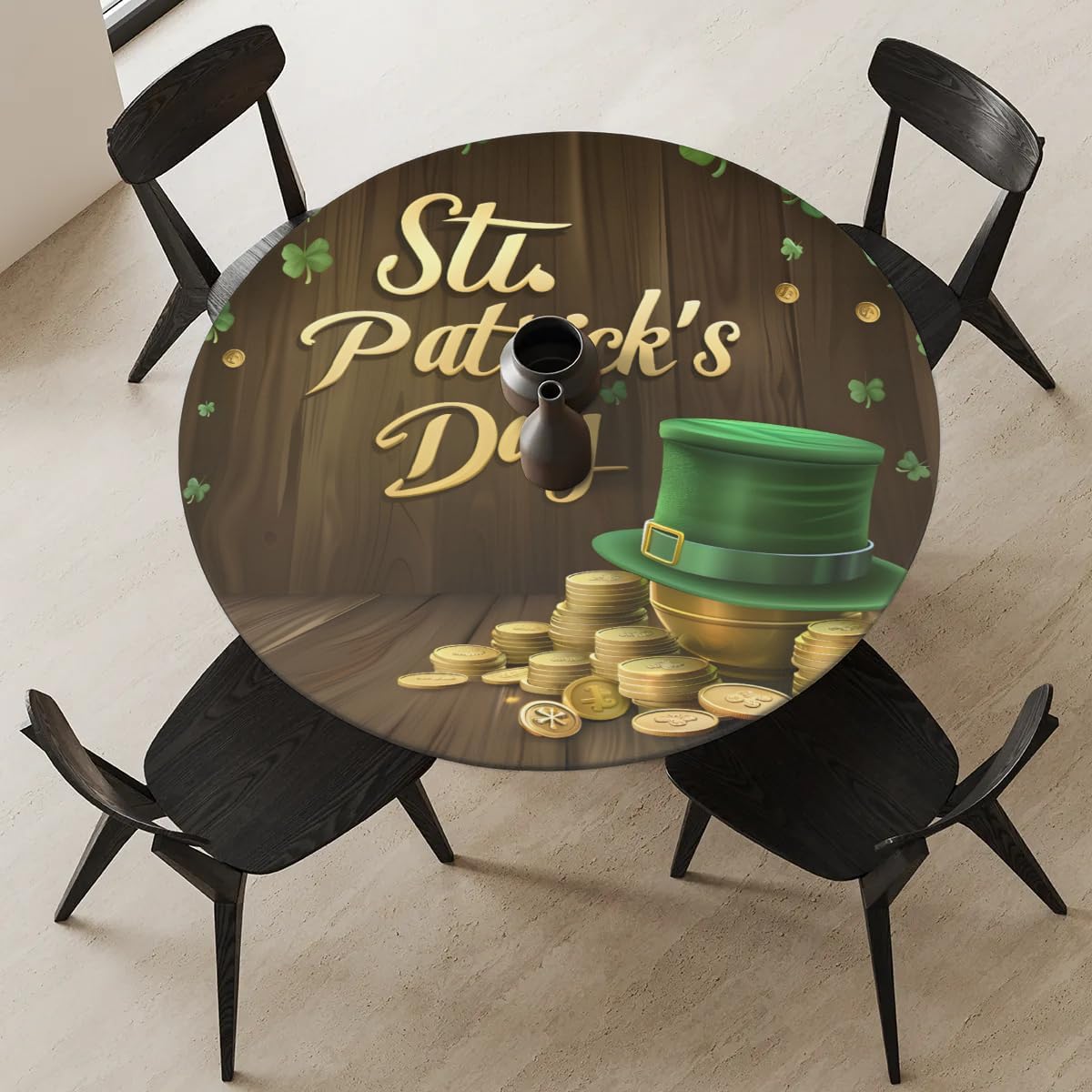 Round Tablecloth St. Patrick's Day Lucky Shamrock Hat 45"-50" Fitted Elastic Table Cloth for Round Tables Waterproof Wipeable Table Covers Protector for Kitchen Dining Party,JR12-10