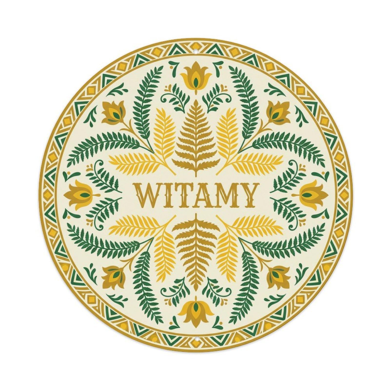 Fyrn Style Metal Tin Sign Vintage Polish Folk Art Witamy Welcome Gold Fern