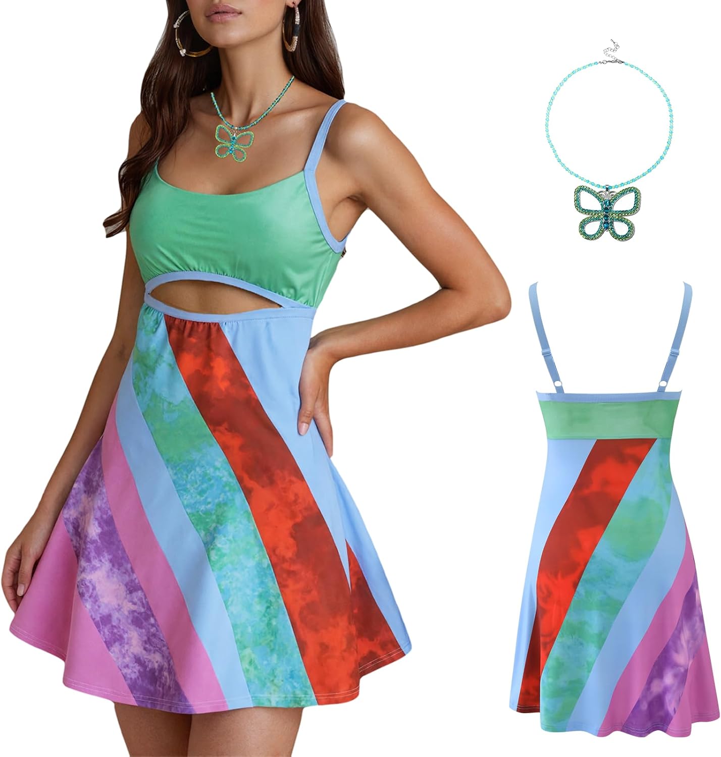 Womens Vintage Print Rainbow Sexy Sheath Dress Adjustable Slip Dress Y2K Retro Bodycon with Butterfly Choker Necklace