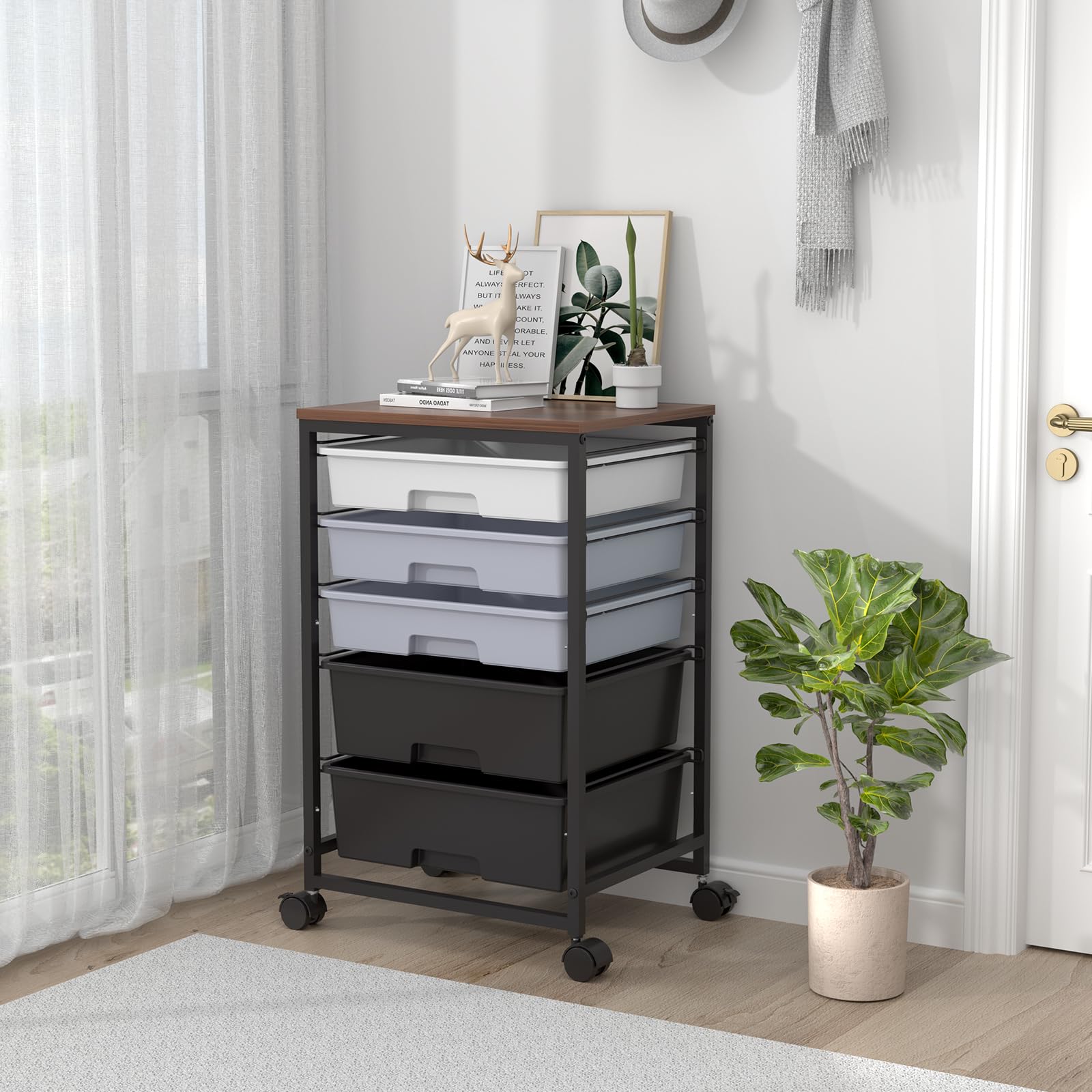 SYKIARIOL Carro de rodillos con 5 cajones para baño, carro de cocina con ruedas con tablero de madera, carro con ruedas para cocina, sala de estar, dormitorio, oficina, color gris