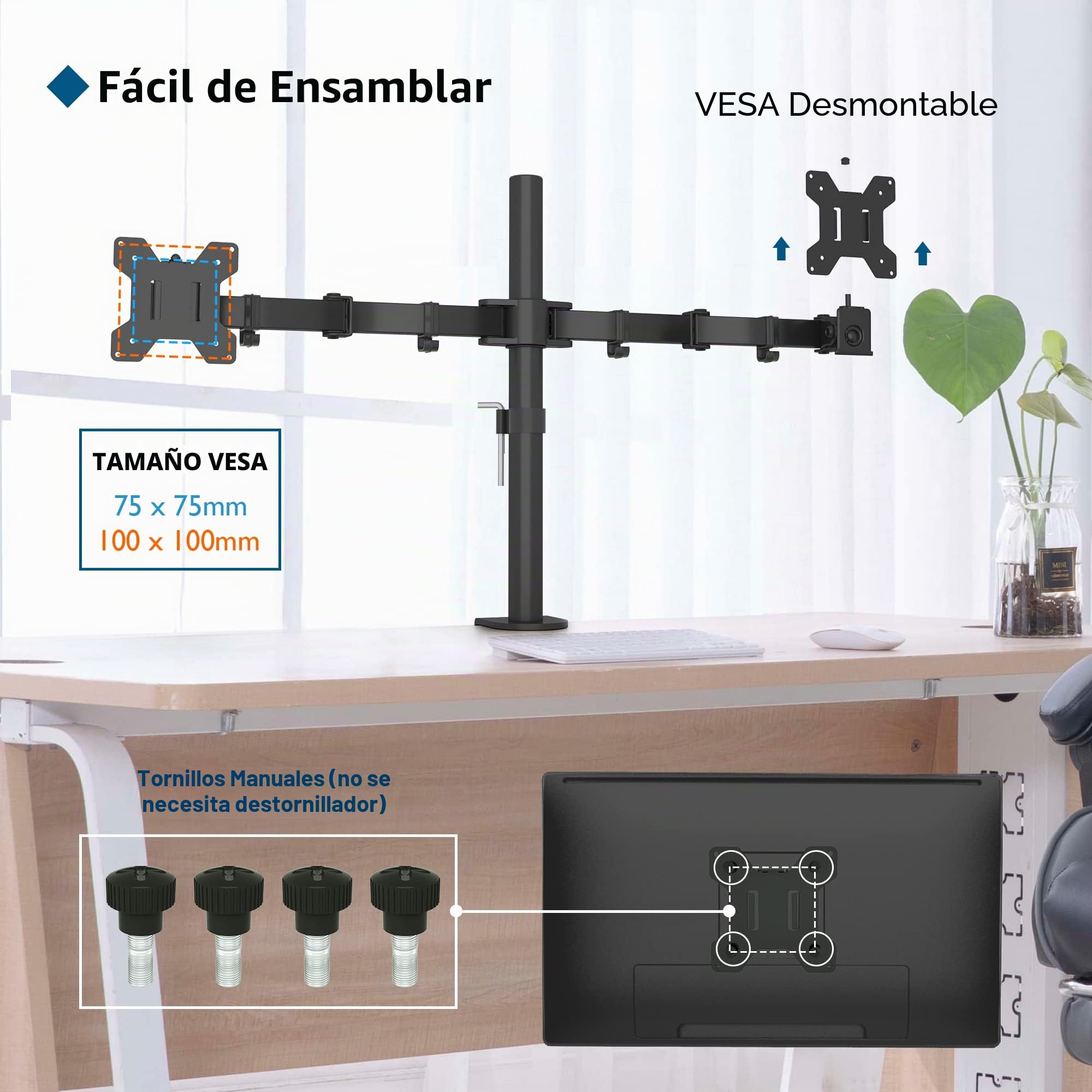 BONTEC Soporte Monitor Doble para Monitor 13-27 Pulgadas LED/LCD, Soporte 2 Monitores Peso Máximo 10KG de Cada Brazo, Giro de 360° y Rotación de 180°, Altura Ajustable, VESA 75/100 mm, Negro