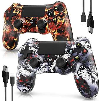 Controller for PS4, Wireless Controller 2 Pack for Sony PlayStation 4/Slim/Pro, with 6-Axis Motion Sensor/Double Vibration/Touch Pad/Speaker & 3.5mm Audio Jack/800mAh Battery/USB-C Cable, Wolf + Fire