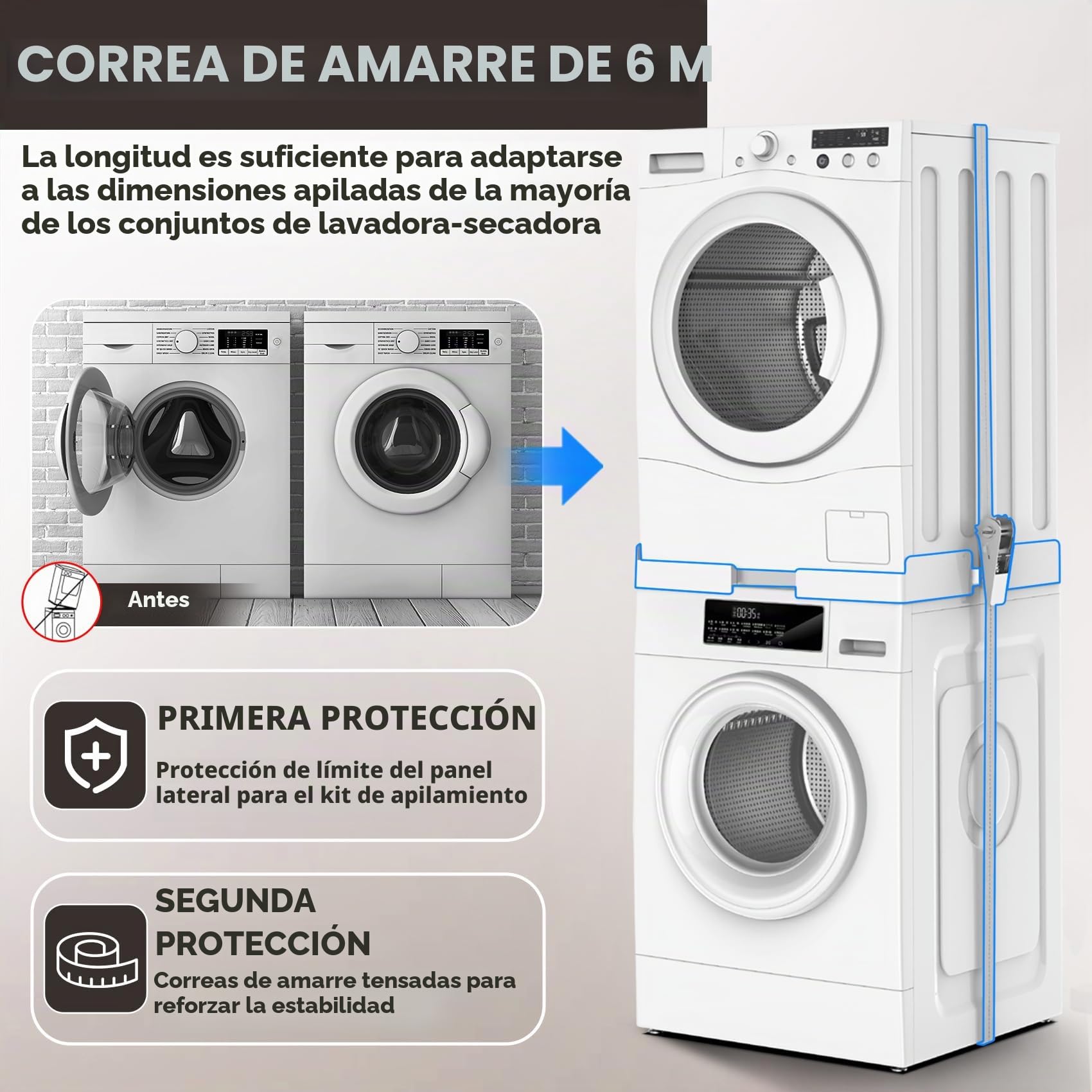 Kit de Apilamiento Universal para Lavadora y Secadora | con Cuerda de Trinquete, Marco Intermedio Universal para Lavadora y Secadora, Tamaño Ajustable (45-68 cm)