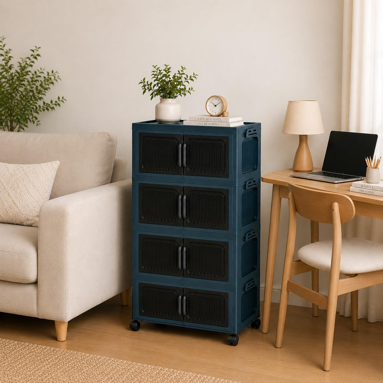 TARKAN DIY Stackable Storage Cabinet with Wheels, 50x22x86 cm, 4-Tier Magnetic Door Organiser, Transparent Panels, Navy Blue-image-42