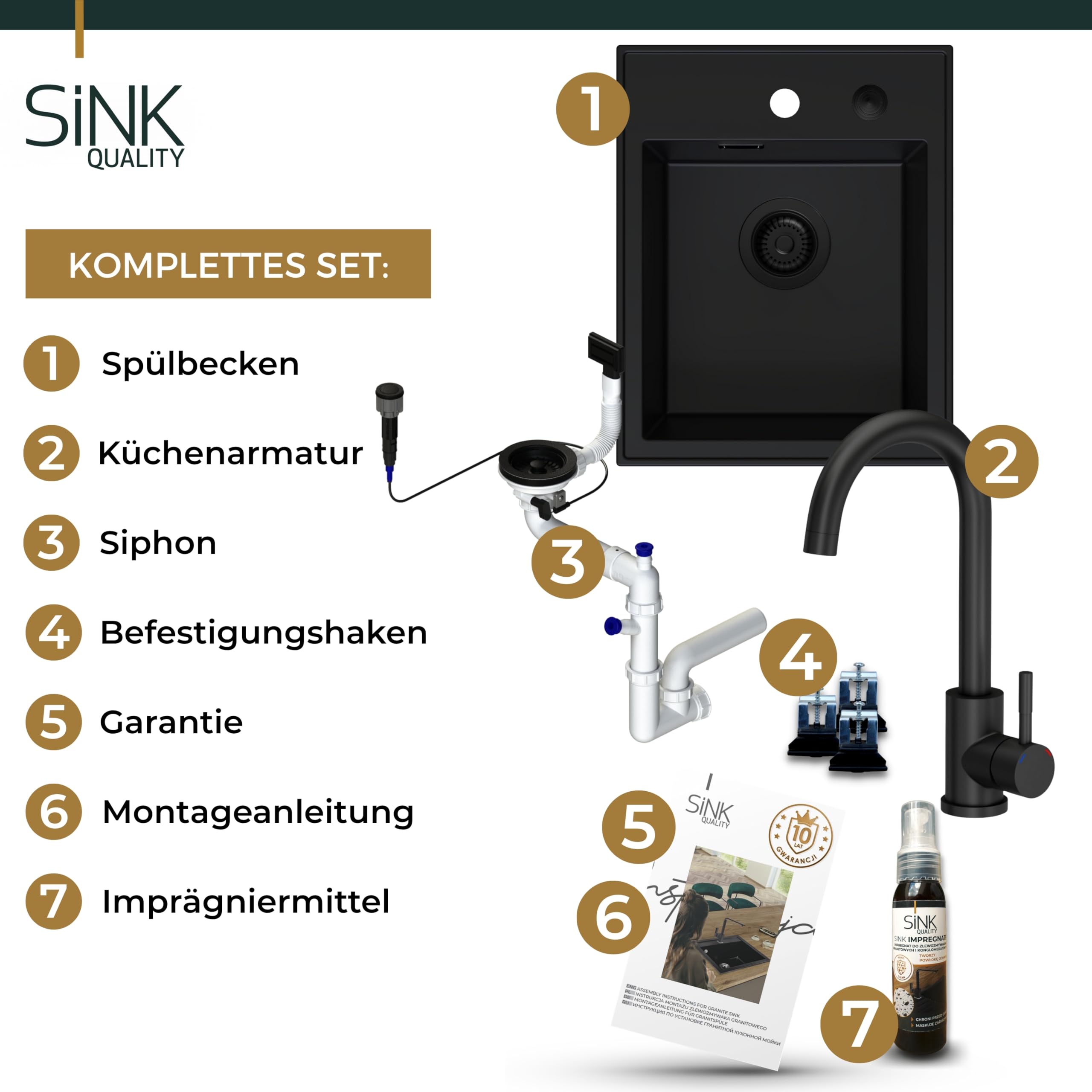 SINK QUALITY Spülbecken Alles Schwarz Set mit Armatur 40x50 cm - Granitspüle Set mit Küchenarmatur, Siphon Schwarz und Imprägnierung - Spüle ohne Abtropffläche für Unterschränke ab 40 cm Breite