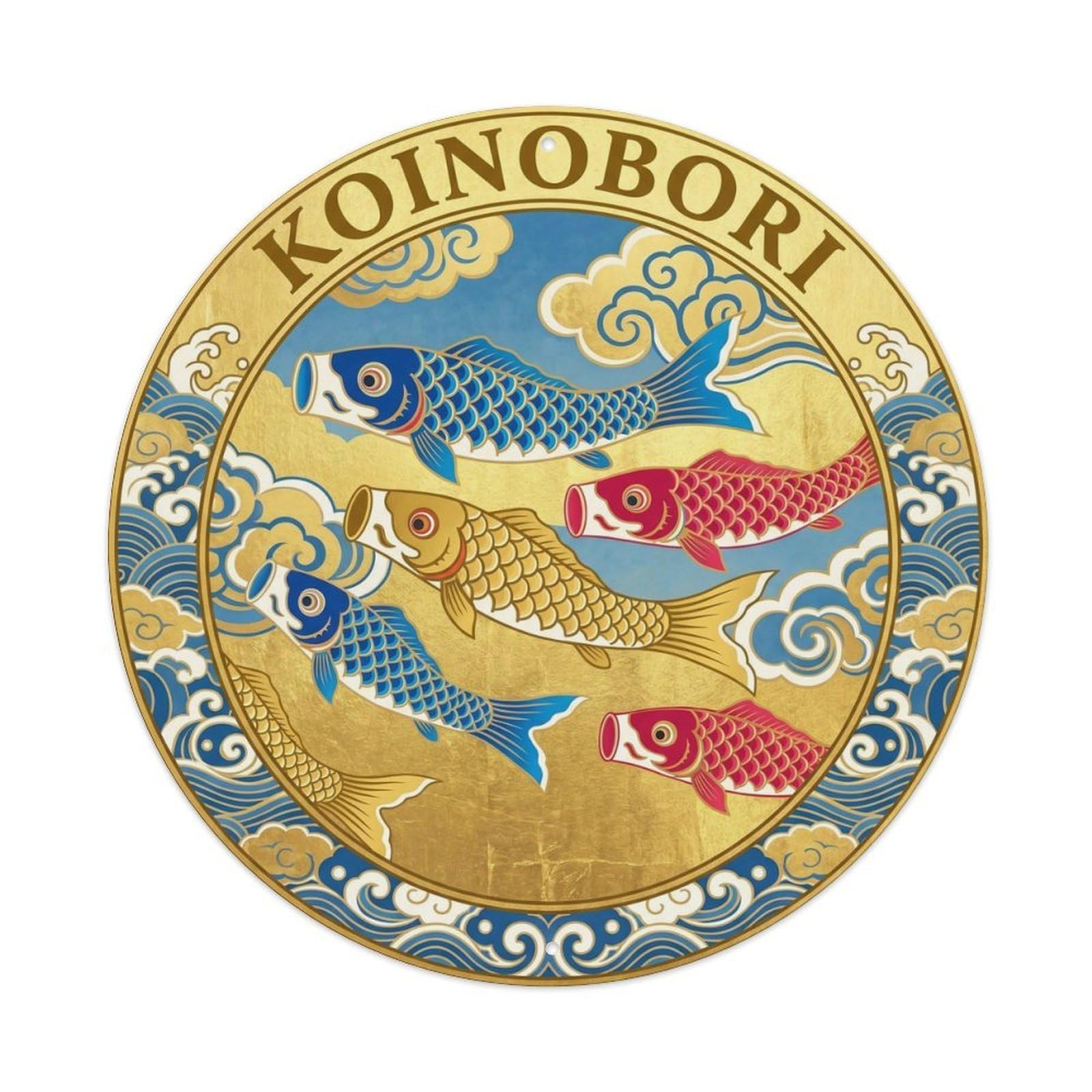 Olyhtr 8X8inch Classic Style Koinobori Carp Streamer Rinpa Blue Gold Japan Metal Tin Sign