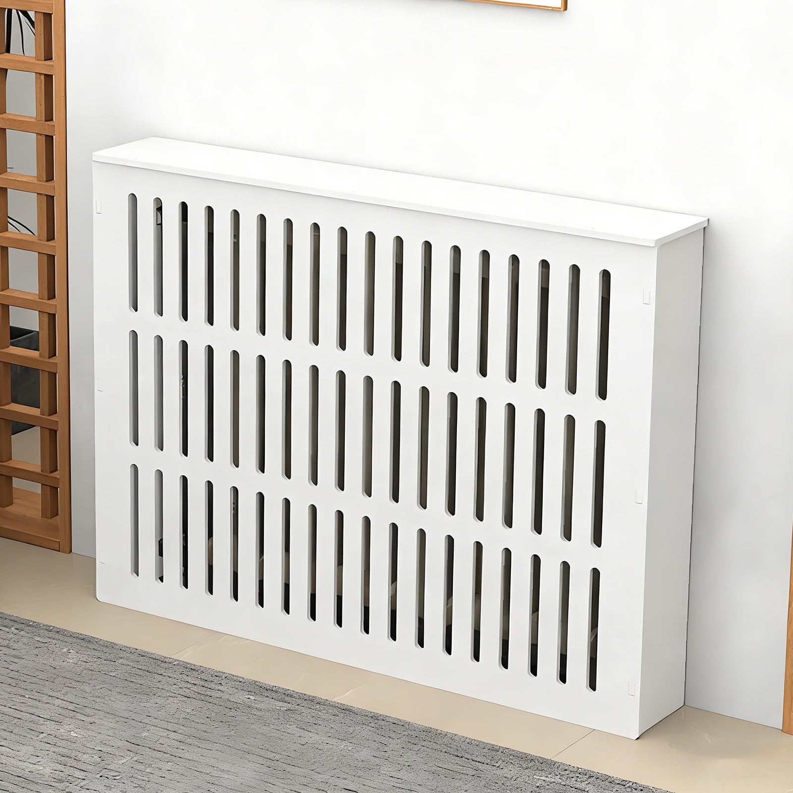 Modern Radiator Covers Shelf for Home, Vertical Louvered Grill Shelf, White Heater Covers for Standing Radiator, Easy to Install(100x90x25cm/39x35x10in)