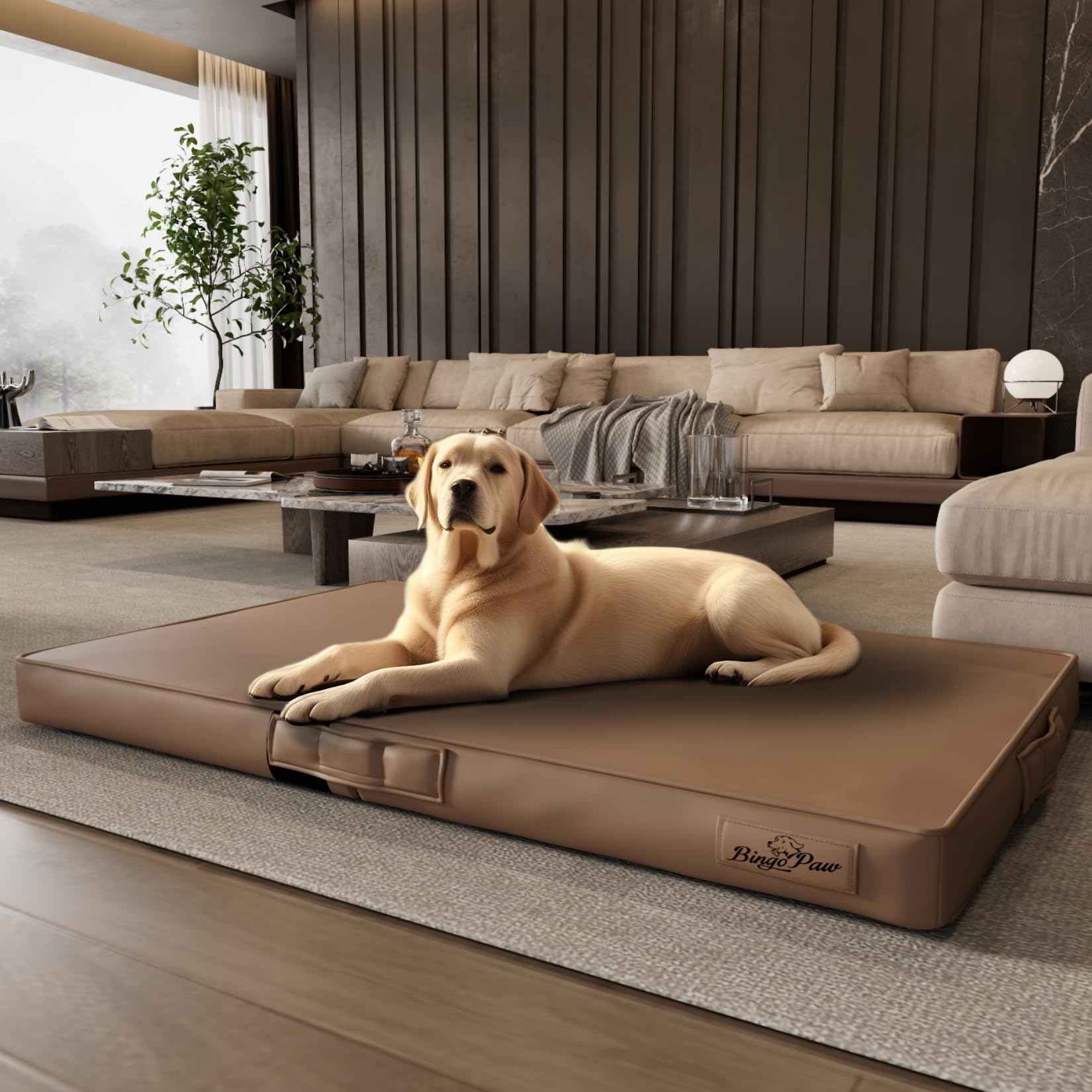BingoPaw Cama Perro Grande XXL Plegable: 130x84,5x9cm Colchoneta Perro con Cojin de Fibra Innovadora 3D Ortopedica Lavable y Funda de Cuero Antiarañazo Resistente, Naranja