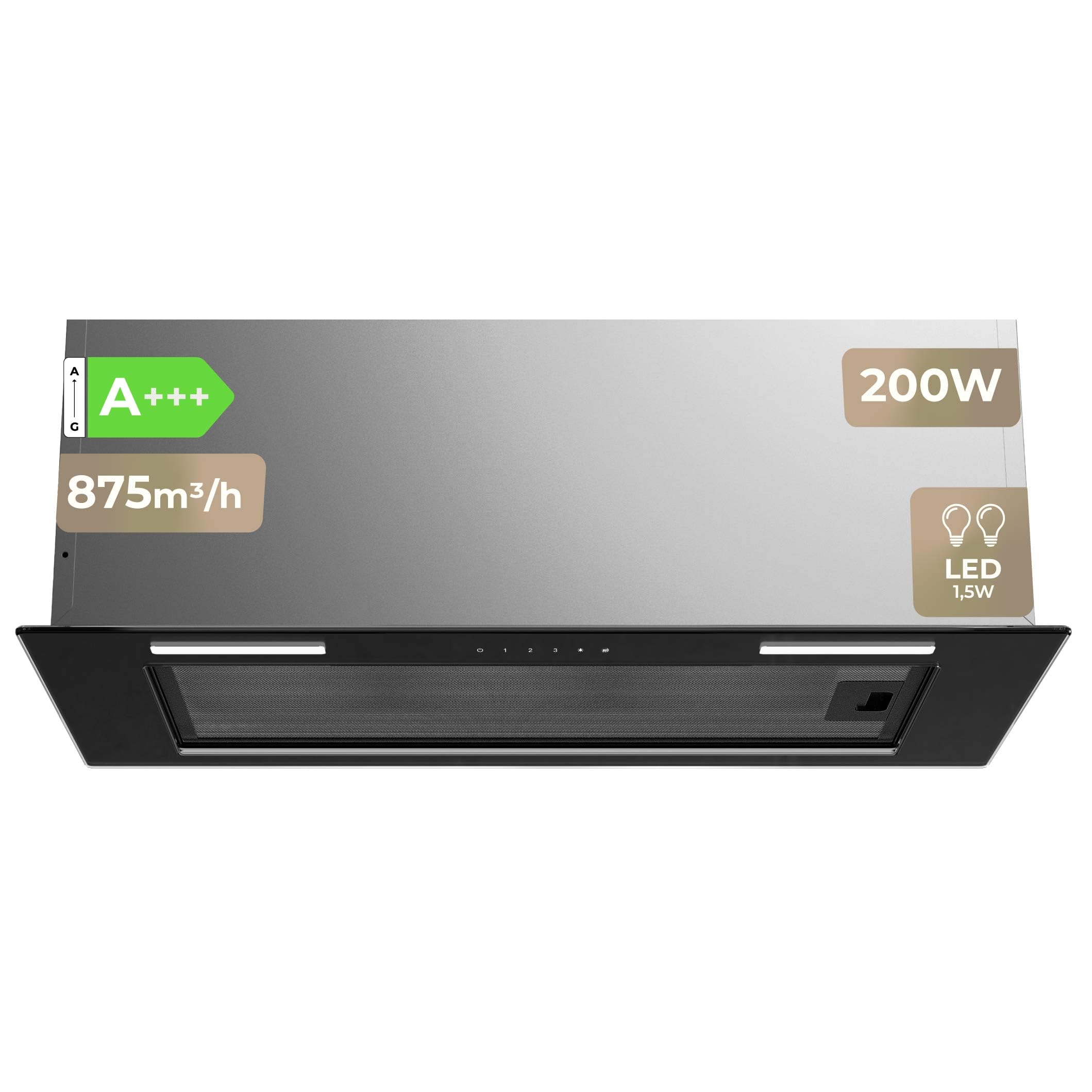 EVVO CEi52 Black - Campana Extractora 60 cm Integrable, Succión 875 m3/h, Motor 200W, Extractor de Cocina con Filtro Carbón y Aluminio, Campana Extractora Negra Silenciosa