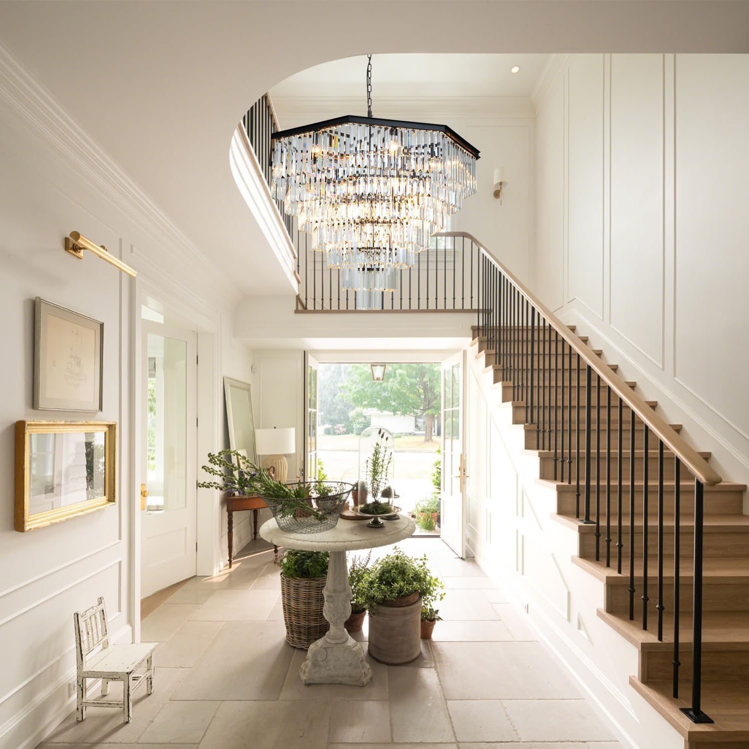 Modern Crystal Chandelier, 21-Light 7 Tiers Round Chandelier, Adjustable Hanging Metal Ceiling Lighting Fixture, Foyer Dining Room Chandeliers for Living Room Bedroom, W39-inch Black