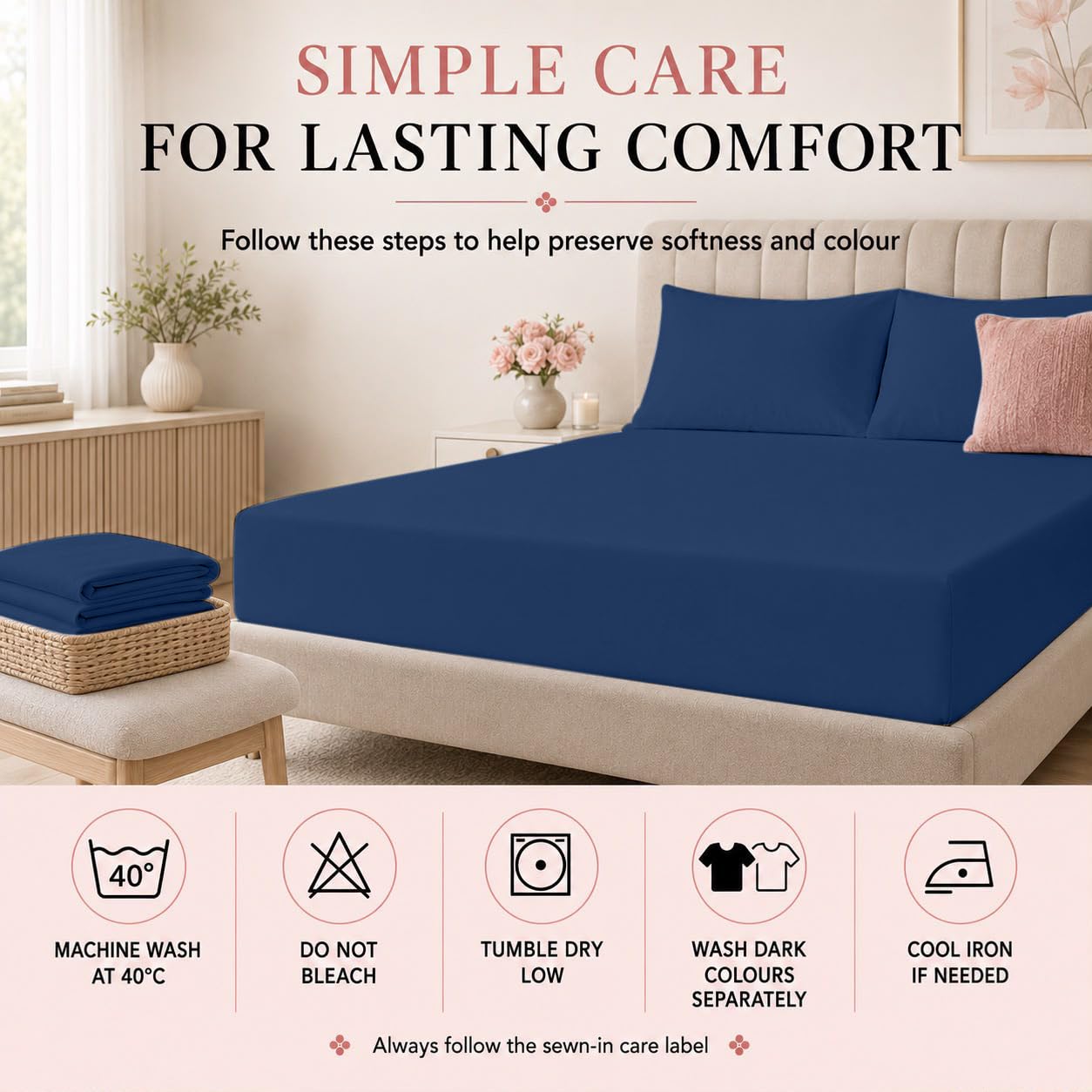 2 Pack King Microfibre Fitted Sheets 30cm Deep Bed Sheets, Navy Blue - Image 4