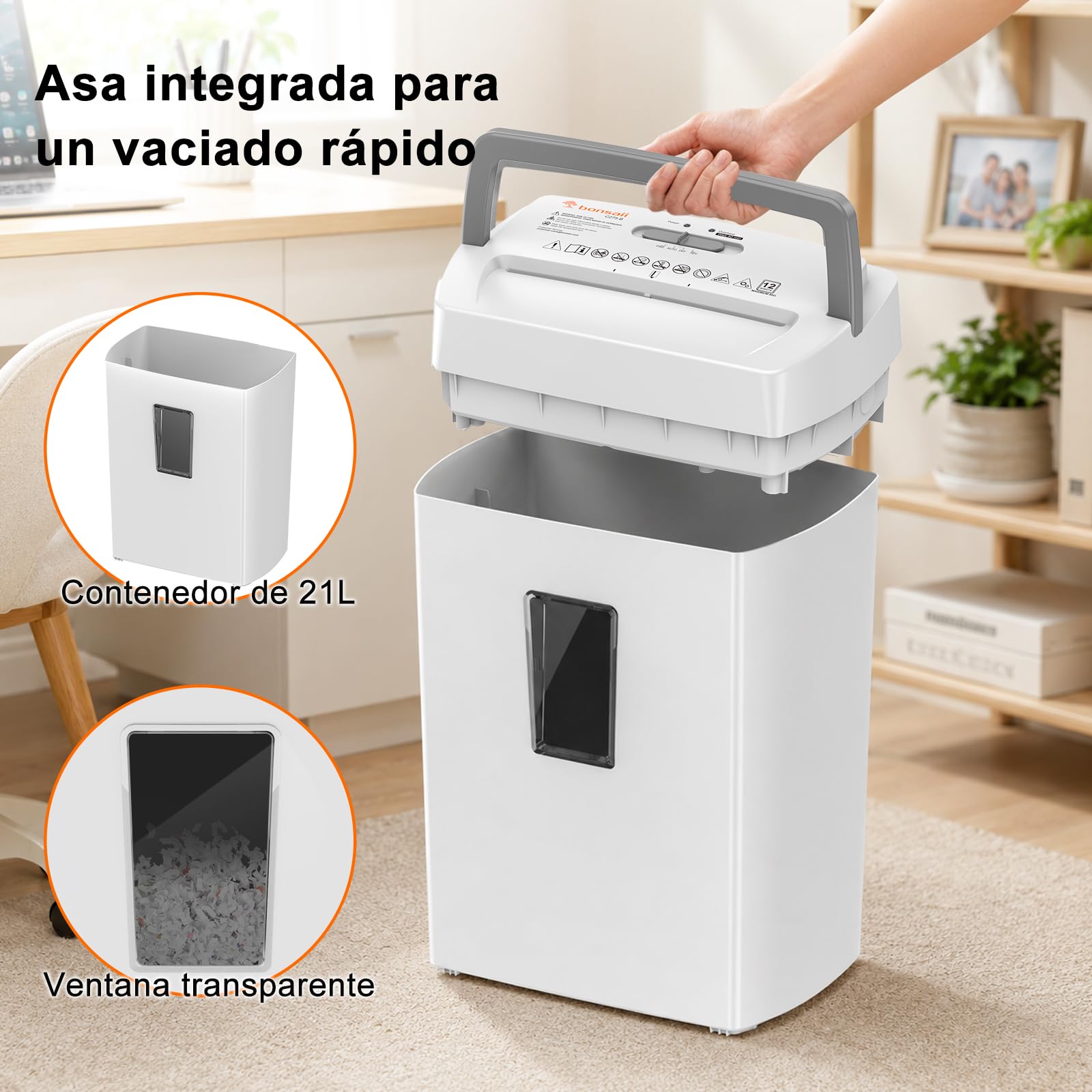 Bonsaii Destructora de Papel 12 Hojas Microcorte, Papelera 21L | Nivel de seguridad DIN P-4, sistema antiatascos, protección térmica, ideal para oficina y hogar, C275-B