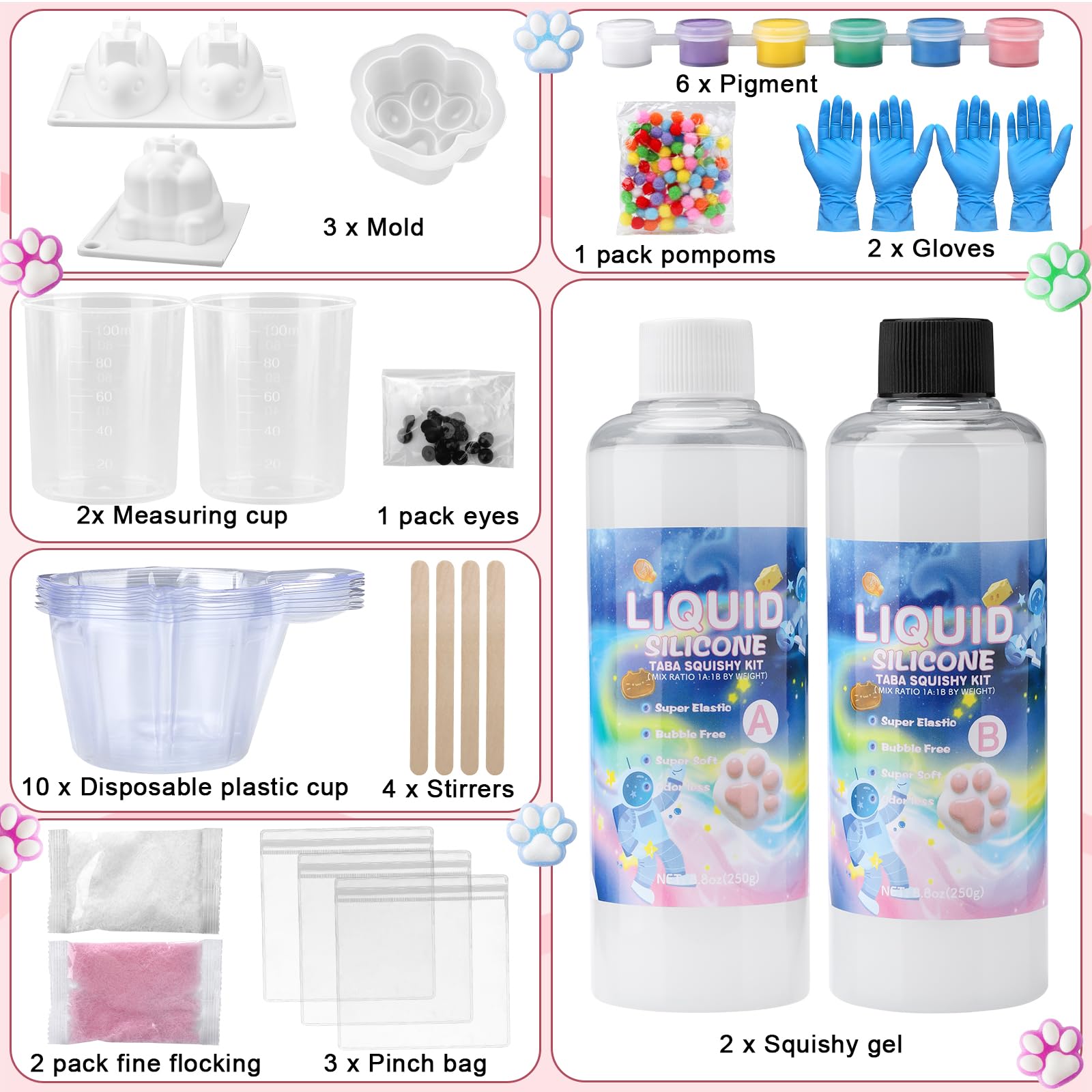 Kit de bricolage Taba Squishy en silicone liquide, 500g - Rapport 1:1 - Silicone extrêmement doux, kit de bricolage DIY pour la gestion du stress, pour les amoureux des chats et les fans de hamsters