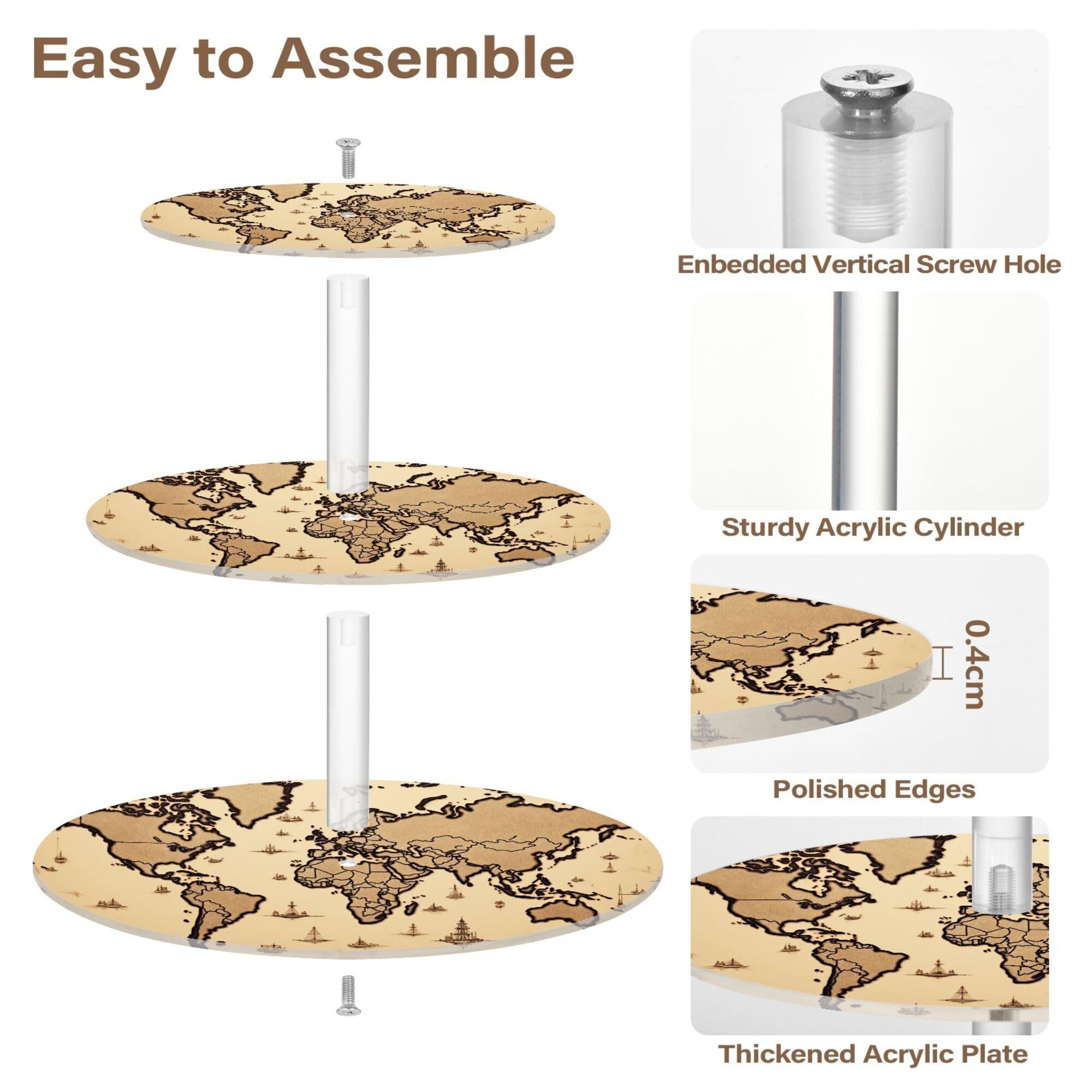 PYBUG World Map 3 Tier Acrylic Cupcake Stands Tower,Dessert Table Display Set for Tea Party,Wedding,Birthday, Baby Shower