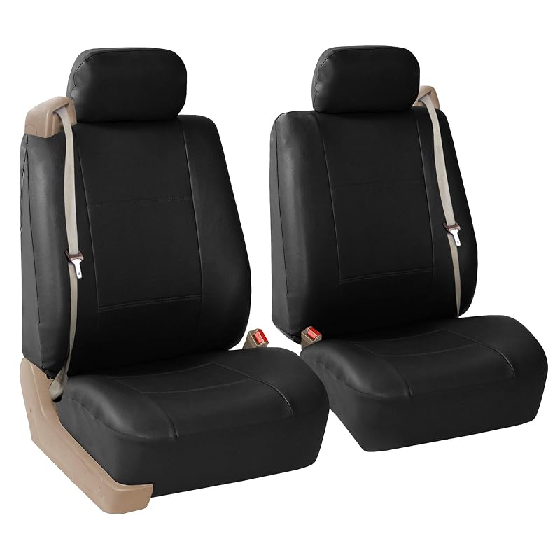 Capa para Banco Dianteiro em Couro Sintético FH Group para Encosto Baixo, Apoio de Cabeça Removível e Airbag, Preta, Conjunto com 2 capas