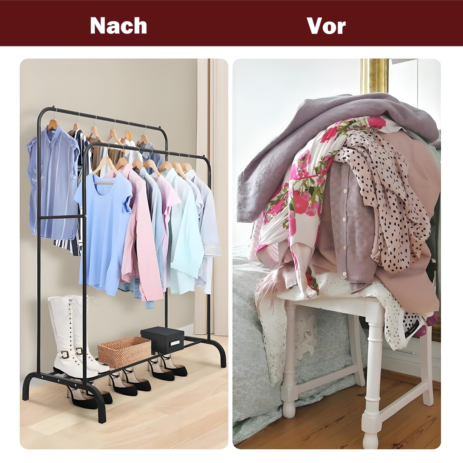 Freistehender Kleiderständer mit Doppelruten Stabiler Kleiderbügel Multifunktionaler Garderobenständer für Schlafzimmer Waschraum Balkon & Wohnzimmer mit Unterer Ablage (Schwarz)