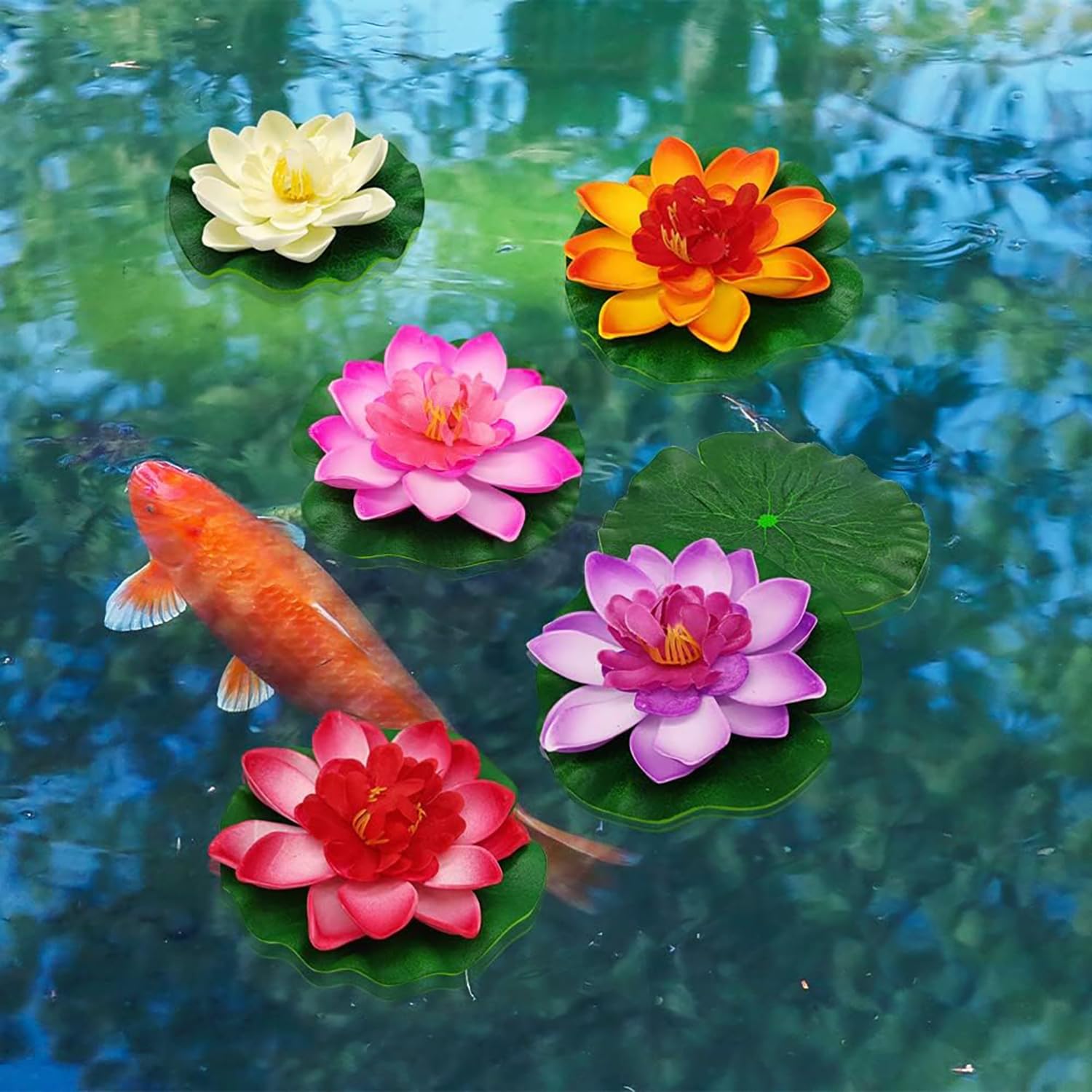 14 Pièces Nénuphar Flottant Fleurs Artificielles, Fleur de Nénuphar de Lotus avec Libellule Grenouille Artificielle Nenuphar Flottant Lotus pour Jardin, Aquarium, Etang de Jardin Décor