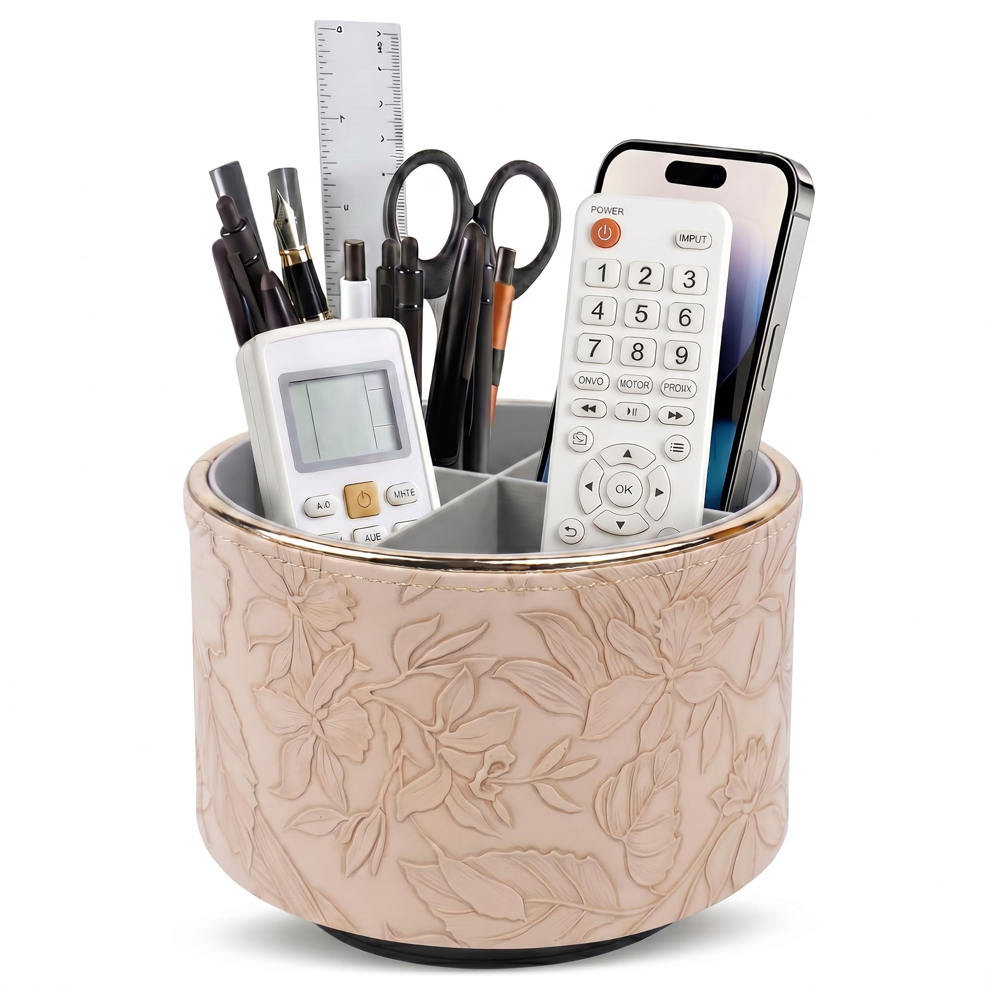 Czzmy Round Leather Art Supply Organizer,Remote Control Holder,360 Degree Spinning,Multi-Functional Pencil Holder,4 Compartments Desktop Stationary Organizer(1-Golden Apricot)
