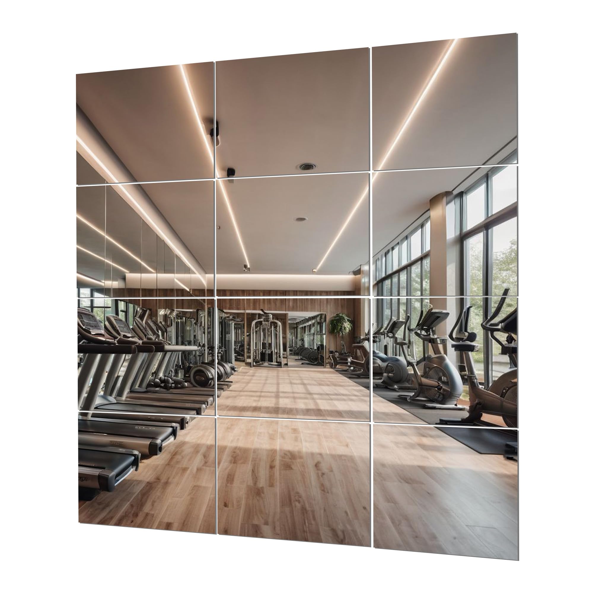 Fab Glass and Mirror Full-Length Exercise Mirror Tiles -12x12 Pack of 12, Self-Adhesive Frameless Workout & Fitness Mirror for Home Gym & Wall