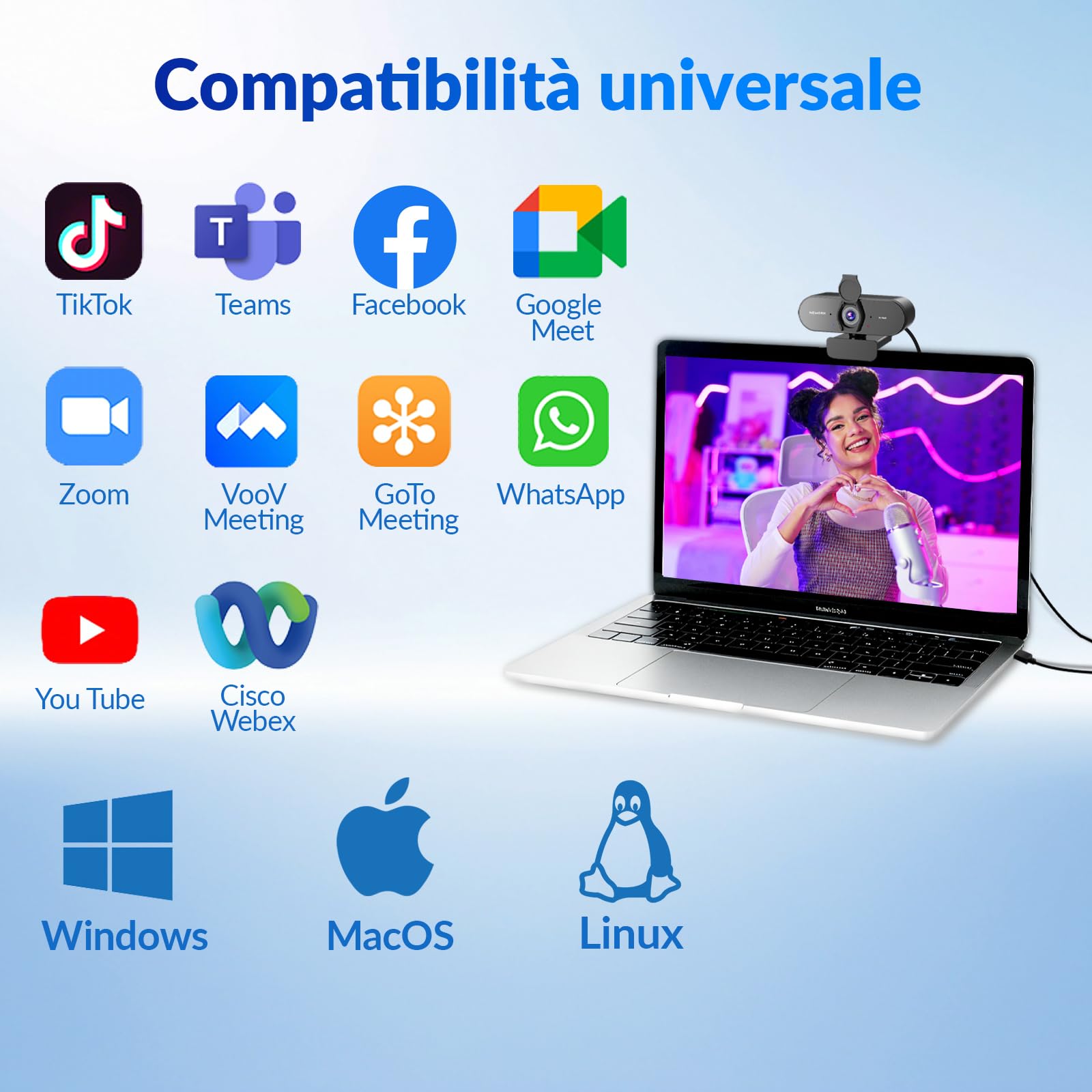 Webcam 4K con Autofocus PDAF+CDAF, Microfoni a Doppia Riduzione del Rumore, 1080P@60FPS, Correzione Automatica della Luce, USB Plug & Play, Copriobiettivo Privacy, Angolo di Visione 79°