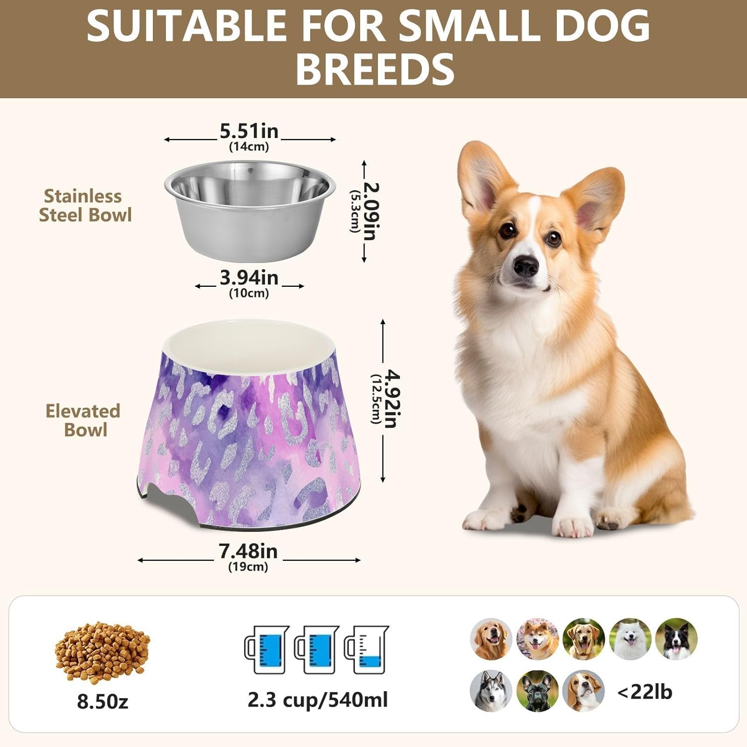 Purple Glitter Grey Leopard Print Feeder Dogs Bowls Non Skid Stainless Steel Cat Feeding Bowls for Slow Feed Dogs Slow Down Eating Plato de comida para gato