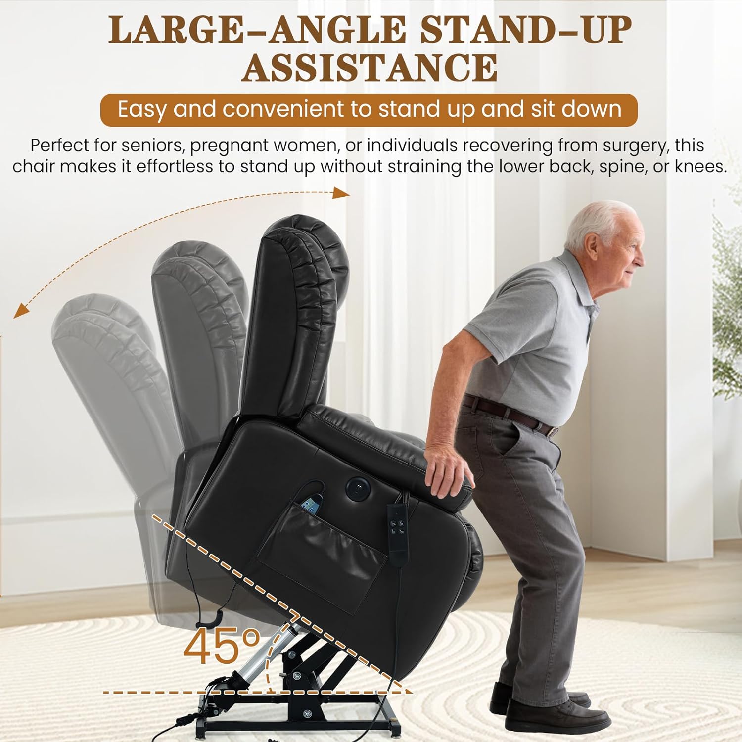 Lift Recliner Chair, Dual Motor Infinite Position Lay Flat Lift Chairs with 8-Point Massage & Heat,USB/Type-C Ports, Dual Remote Control,Heavy Duty 350lbs Capacity, Width 18.6" (Leather,Black)