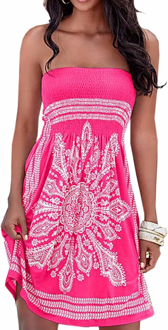 HAHAEMMAEmma Women's Summer Strapless Off Shoulder Floral Print Bohemian Skirt Casual Colorful Mini Beach Dresses