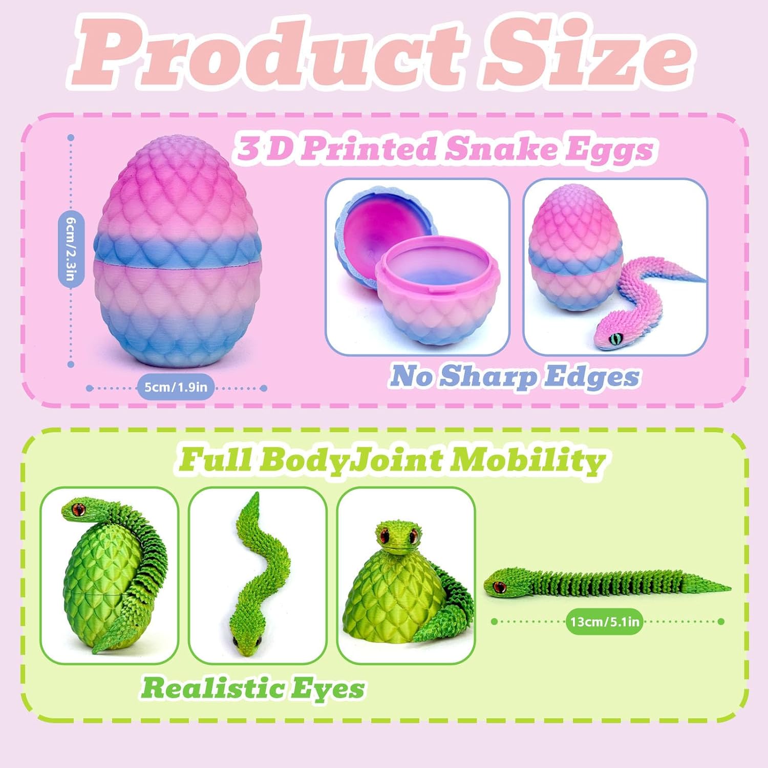18PCS 3D Printed Snake Toy, Easter Basket Stuffers Mini Mystery Crystal Egg Fidget Toy, 3D Printed Animals Unique Easter Basket Essentials for Kids,Party Favors for Kids 8-12 (18PCS-A)