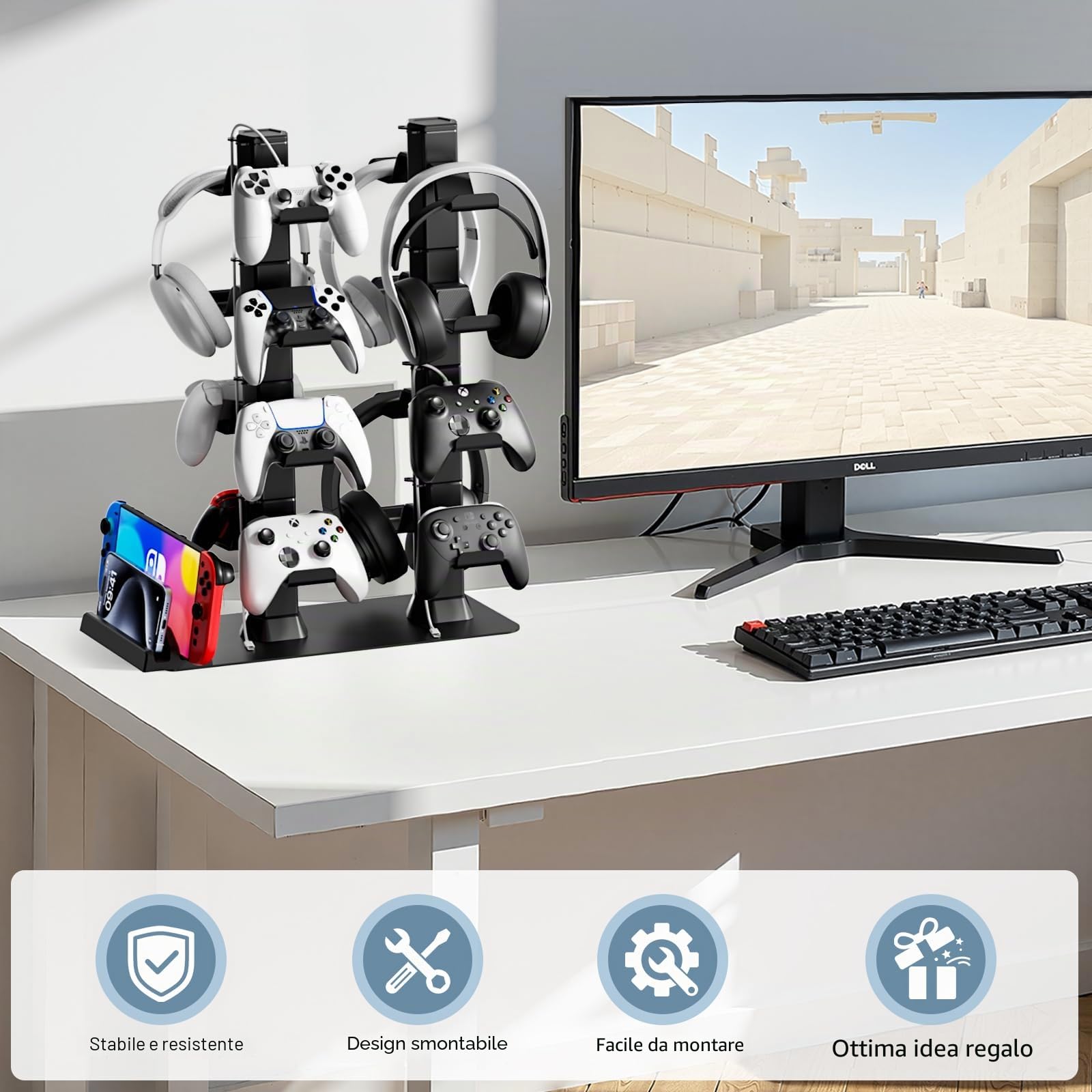 Porta Controller Gaming e Cuffie da Scrivania, Supporto Joystick a 4 Livelli con Organizer per Console Switch 2/1/PS Portal, Supporto Controllor e Cuffi con 16 Ganci, Organizer per Controller e Cuffi